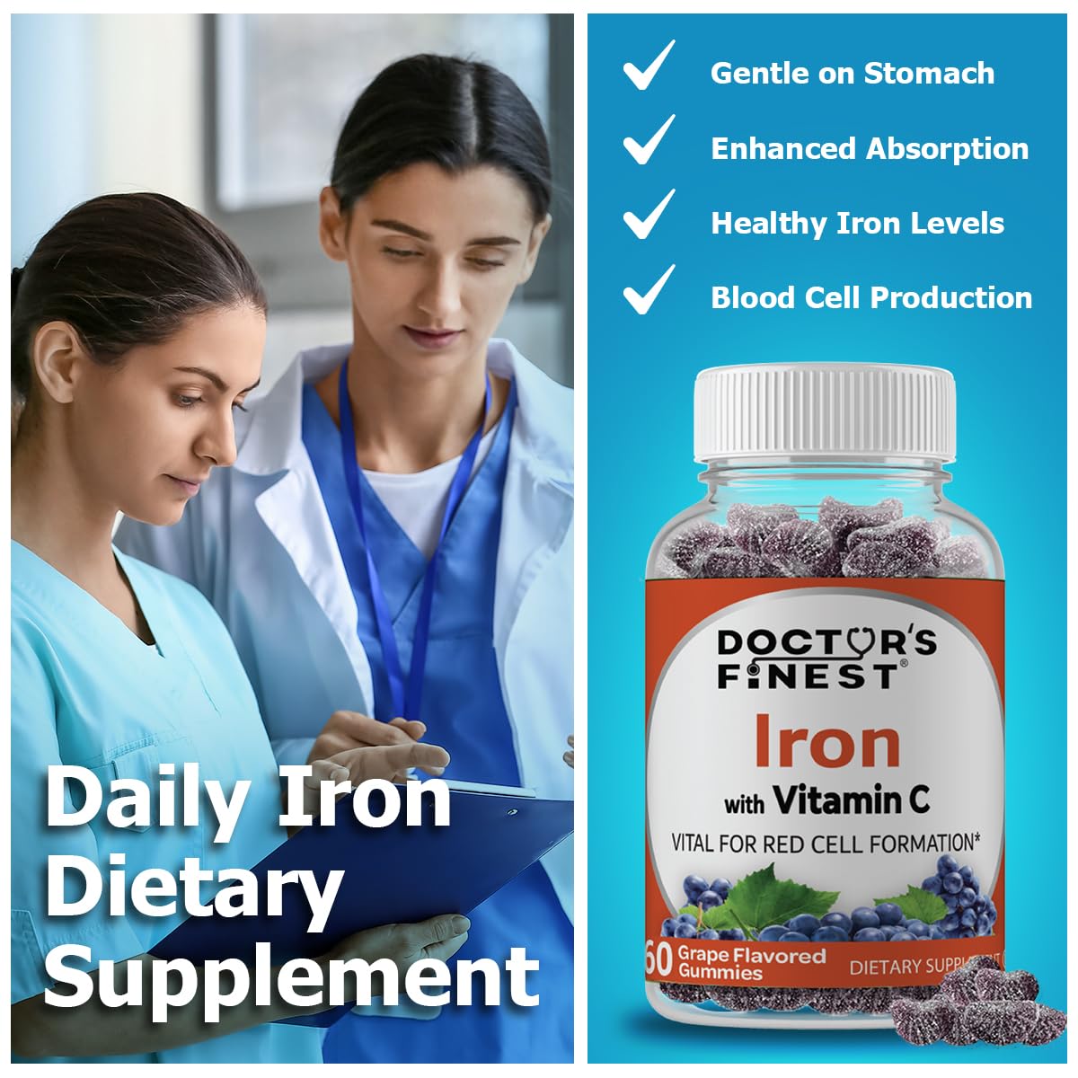 Doctor's Finest Iron with Vitamin C, Grape Gummy, 60 Gummies