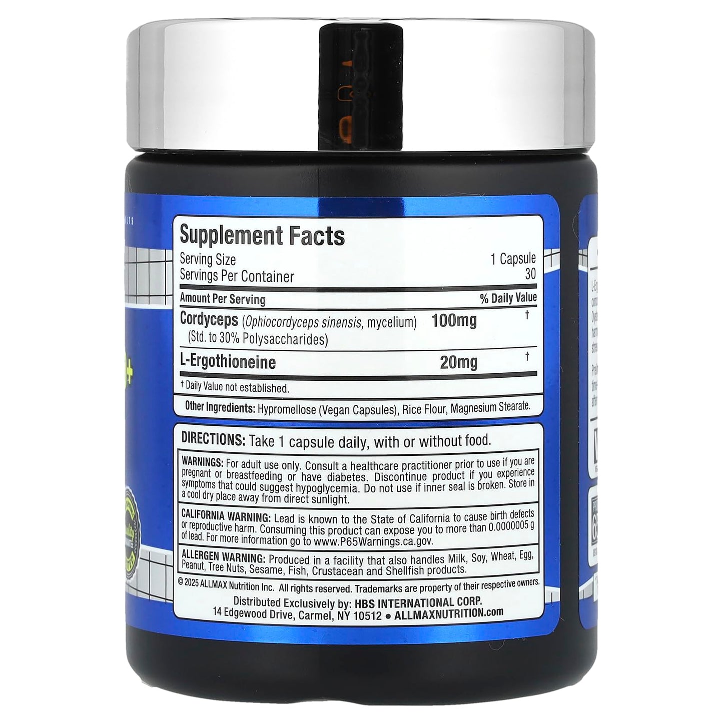 ALLMAX EGT20+ Athletic Performance and Recovery Supplement with L-Ergothioneine and Cordyceps, Antioxidant and Adaptogen Support, 30 Capsules