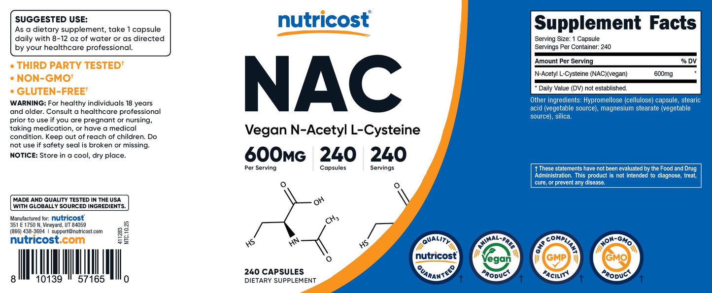 Nutricost N-Acetyl L-Cysteine (NAC) 600mg Capsules, 240 Count