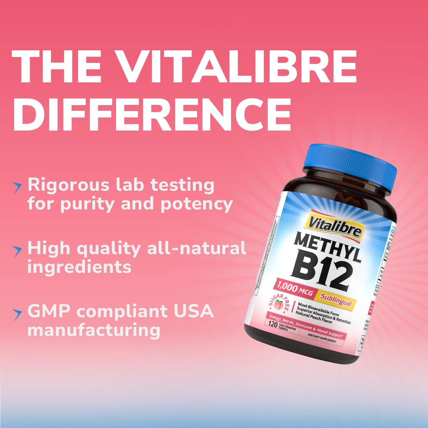 Vitalibre Vitamin B12 1000 mcg Sublingual Methylcobalamin Natural Peach Flavor Nervous System Health Energy Support No Sugar 120 Tablets