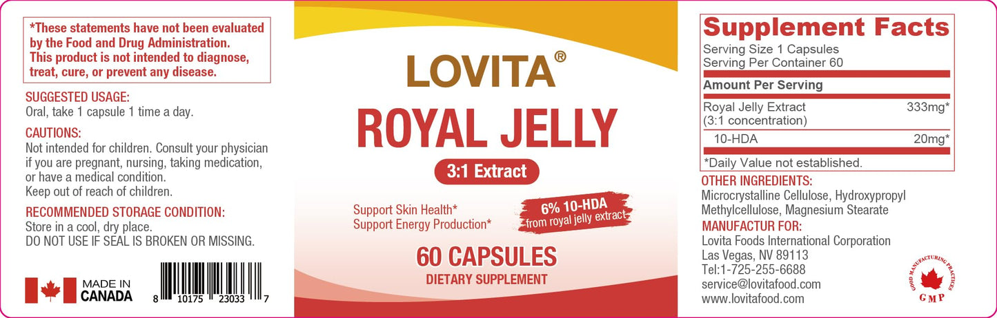 LOVITA Royal Jelly 333 mg, 3:1 Concentrate, with 20 mg 10-HDA, Natural Source Super Food, Supports Skin Health & Energy Production, Capsules 180