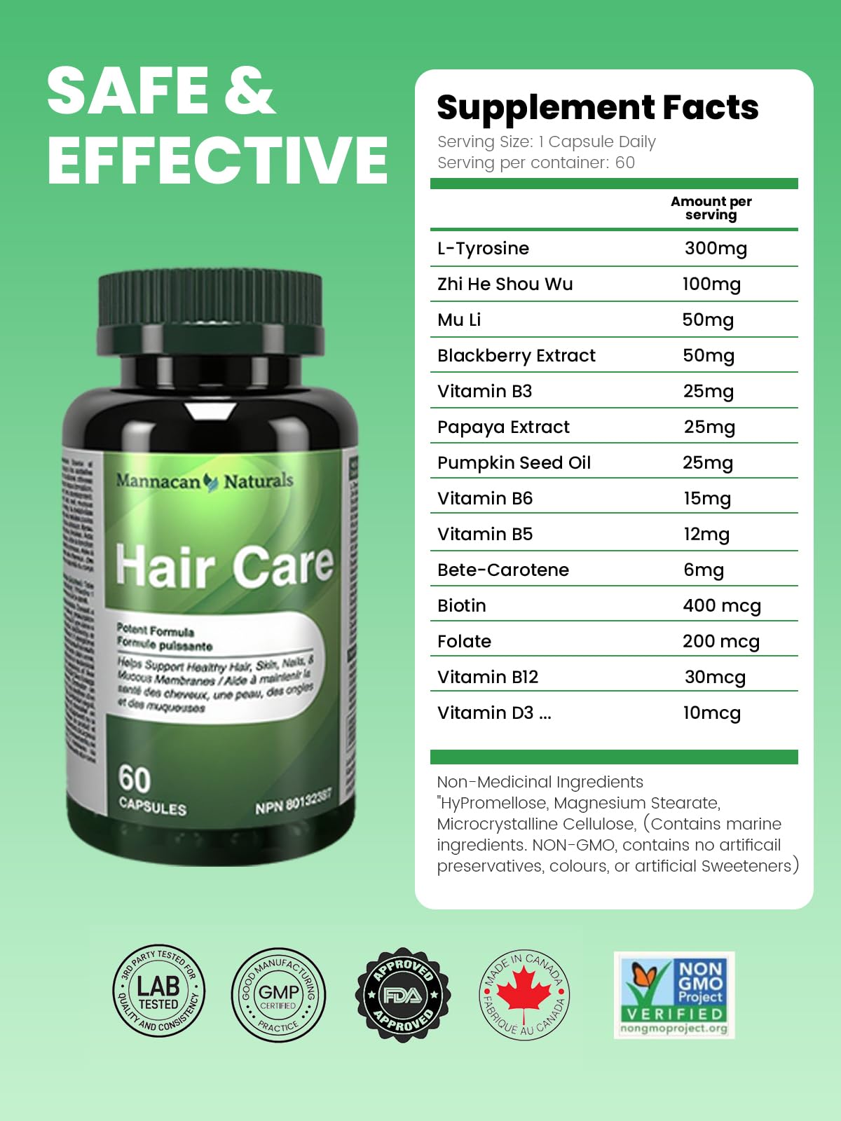 MANNACAN NATURALS Hair Growth Vitamins Capsules, 60 Capsules