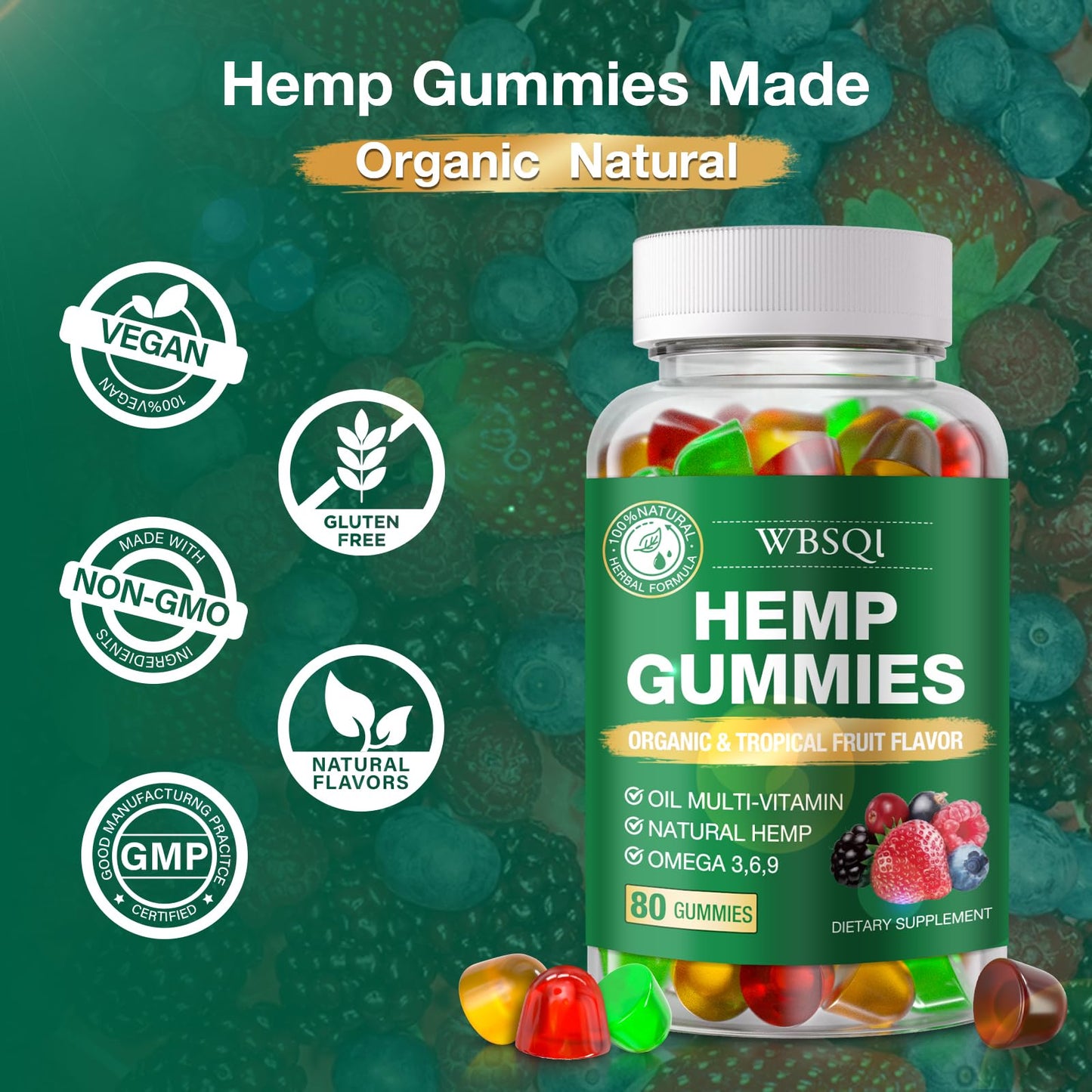 WBSQL Hemp Gummies for Sleep, Pain & Anxiety with Natural Hemp Oil Extract, Vegan, Non-GMO, 160 Gummies