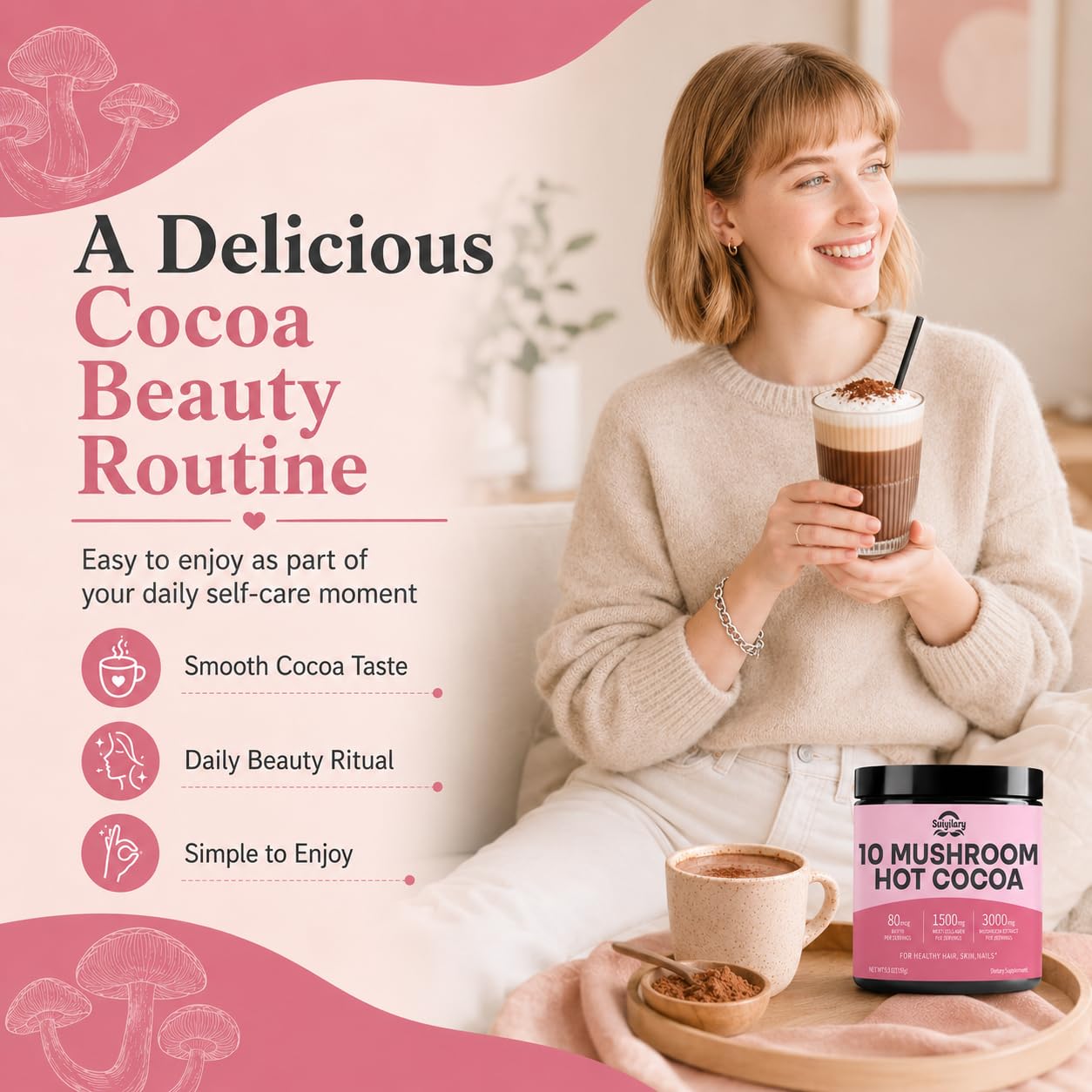 Suiyilary 10 Mushroom Hot Cocoa with Collagen 1500mg & Biotin 80mcg Powder, 5.3 oz