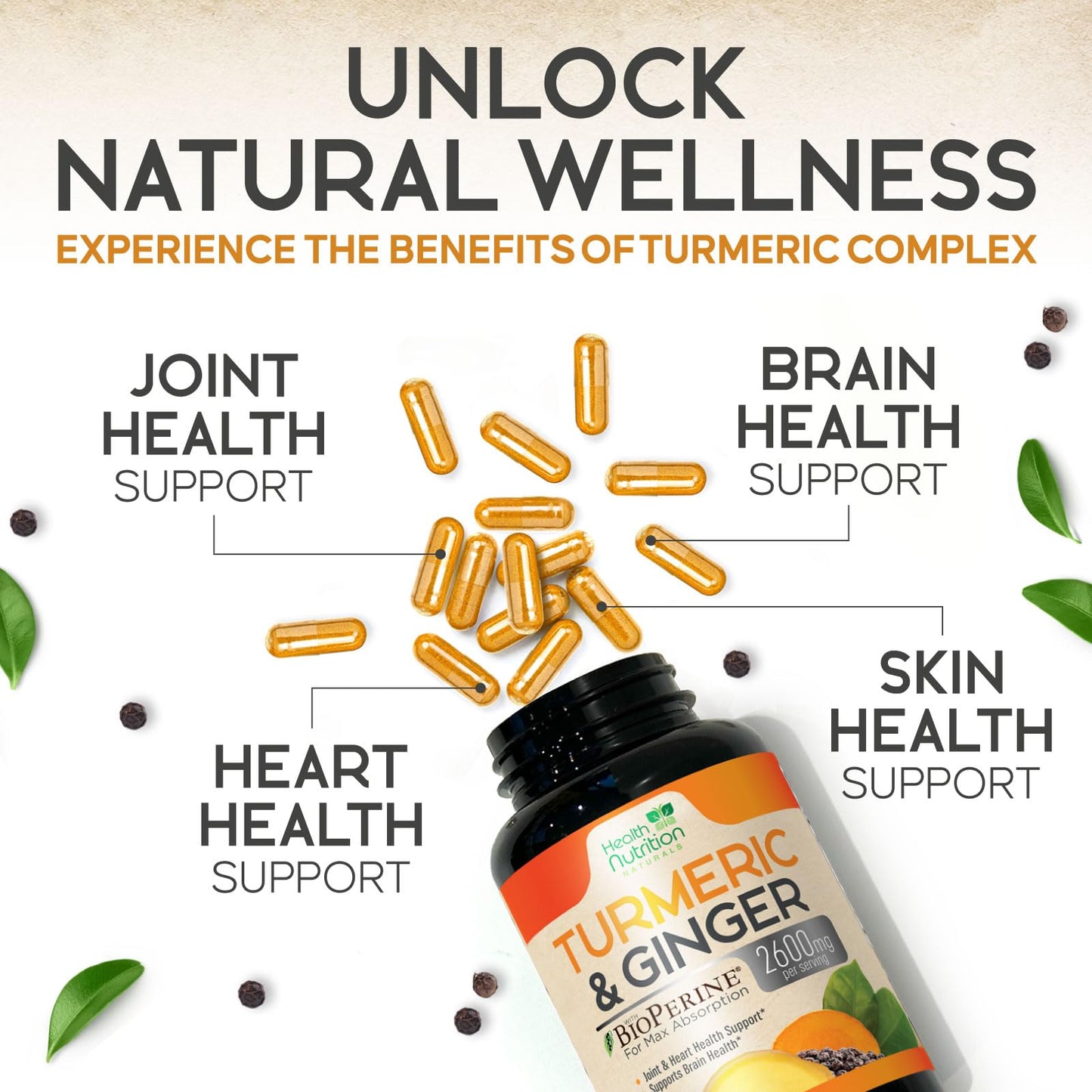 Health Nutrition Naturals Turmeric Curcumin Supplement 2200mg 95% Curcuminoids Capsules, 180 Capsules