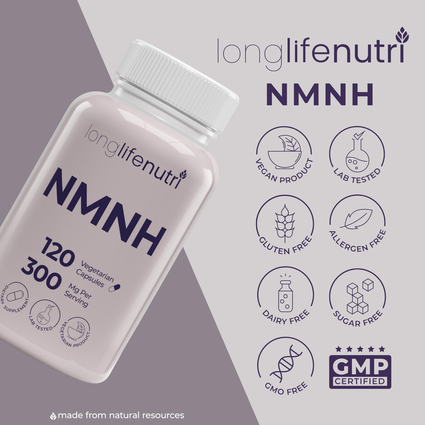 LongLifeNutri NMNH 300mg (Dihydronicotinamide Mononucleotide), 120 Capsules