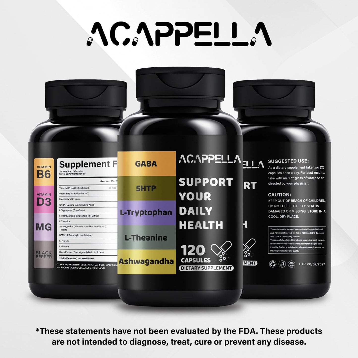 ACAPPELLA GABA Ashwagandha 5-HTP L-Theanine L-Tryptophan Mood Support Capsules, 120