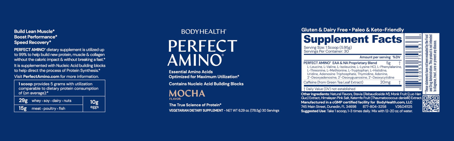 BodyHealth PerfectAmino Powder BCAA & EAA - Pre & Post Workout Amino Acid Energy Drink, Mocha, 6.34 oz