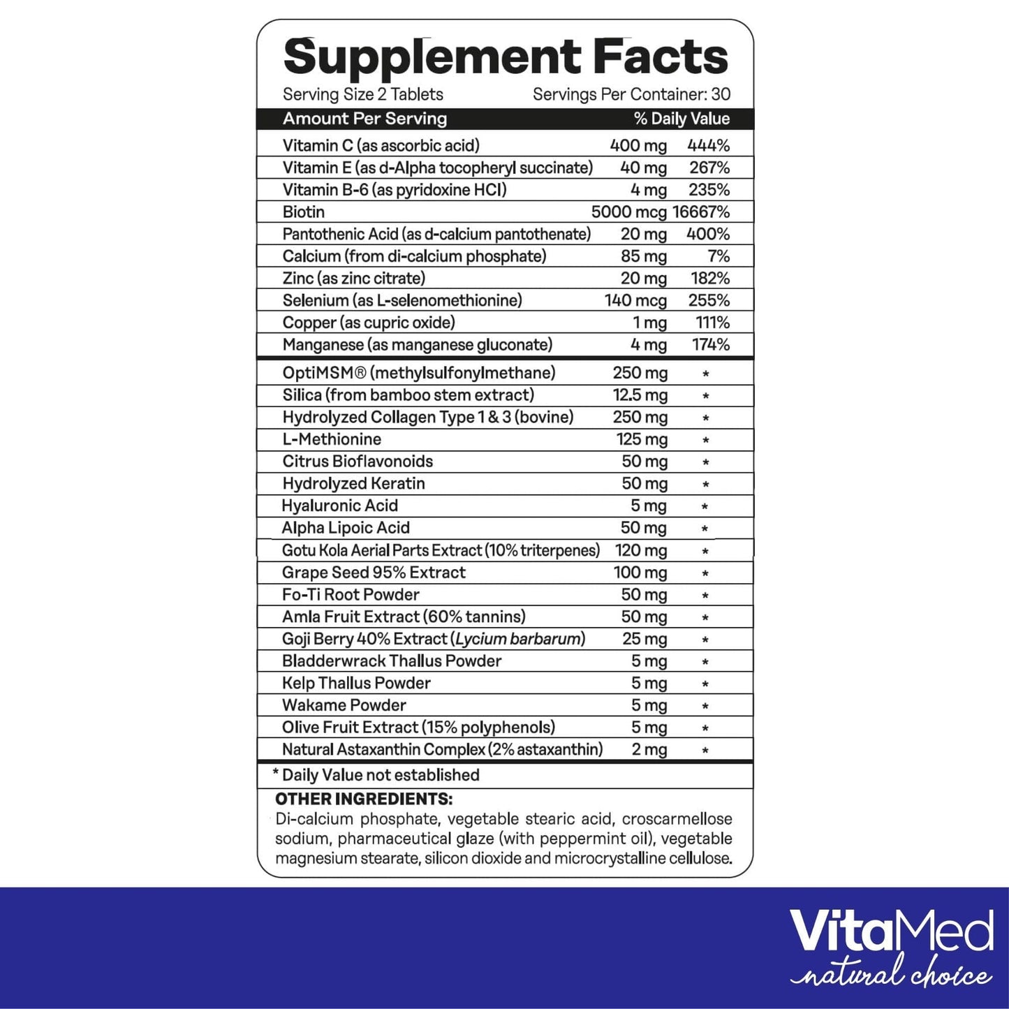 VitaMed Hair, Skin & Nails – Biotin 5000 mcg, Collagen, OptiMSM, Keratin, Hyaluronic Acid & Silica 180 Tablets