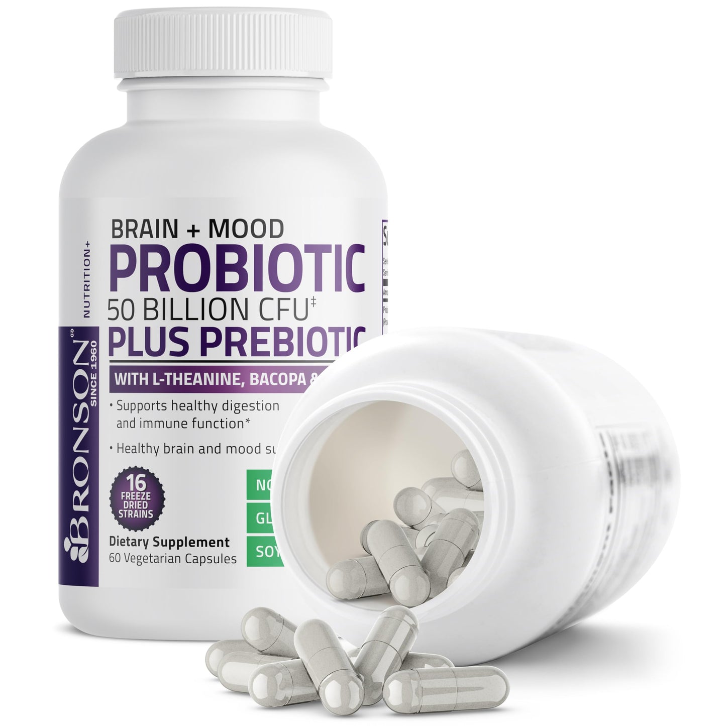 Bronson Brain + Mood Probiotic 50 Billion CFU + Prebiotic, 60 Capsules