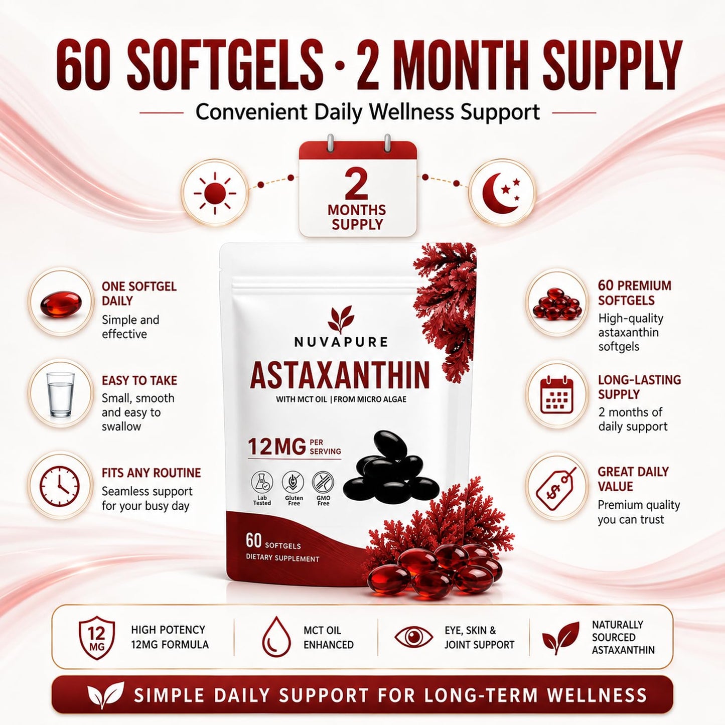 Heniqut NuvaPure Astaxanthin 12mg with MCT Oil Softgel 1 Count