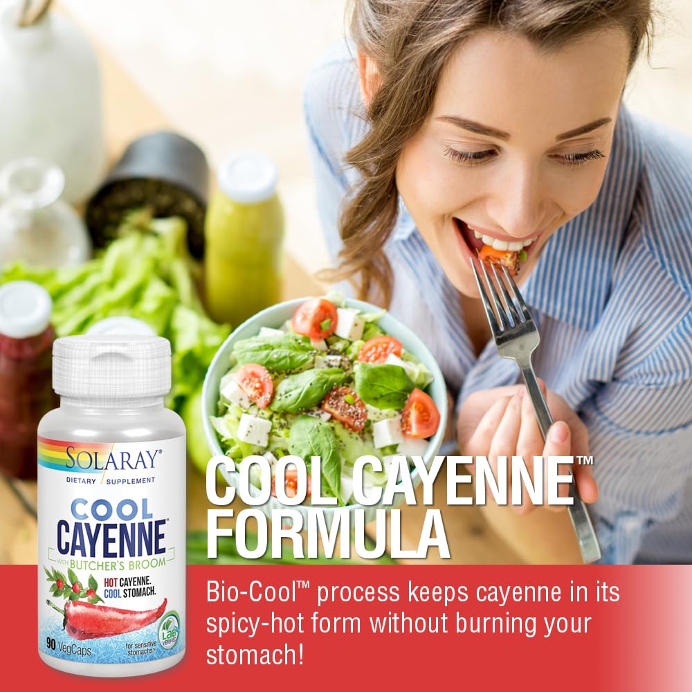 Solaray Cool Cayenne Pepper 40,000 HU with Butchers Broom for Healthy Circulation Support Capsule, 90 VegCaps