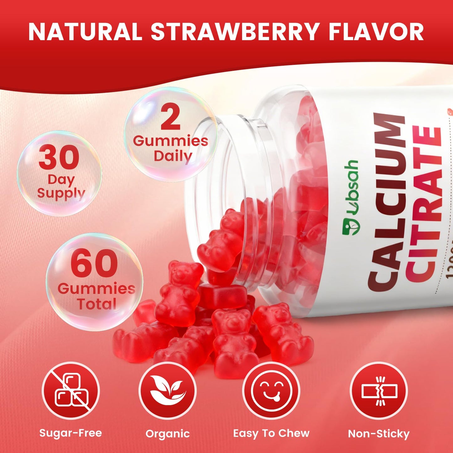 Jabsah Calcium Citrate Gummies 1200mg with Vitamin D3, K2, Magnesium, Zinc for Bone & Immune Support, Strawberry Flavor, 60 Count
