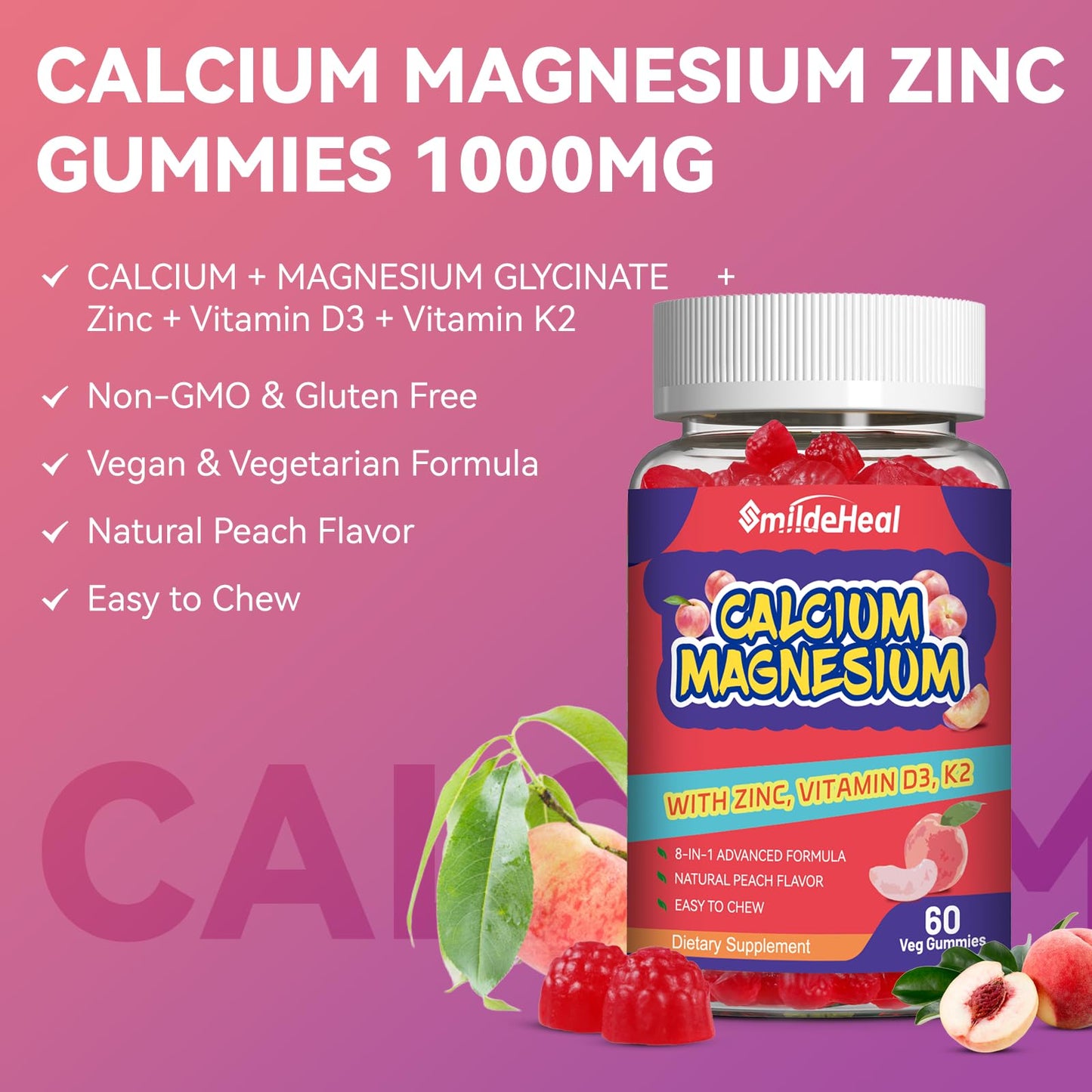 SmildeHeal Calcium Magnesium Zinc Gummies with Vitamin D3 - High Absorption Complex Calcium Supplement, Vegan, 120 Gummies