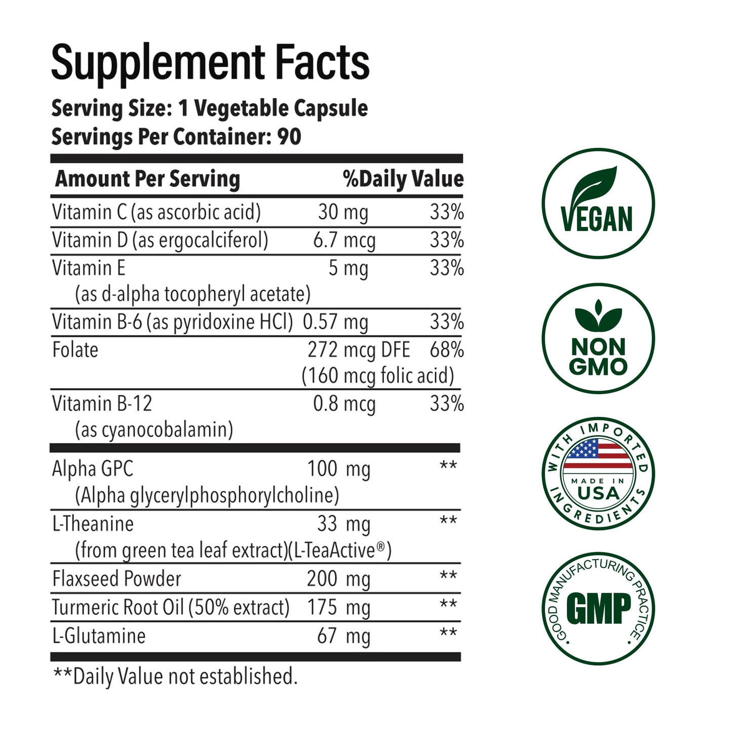 NutrifyMD Advanced Brain Health Supplement with Alpha GPC, L-Theanine, L-Glutamine for Memory and Focus, 90 Capsules