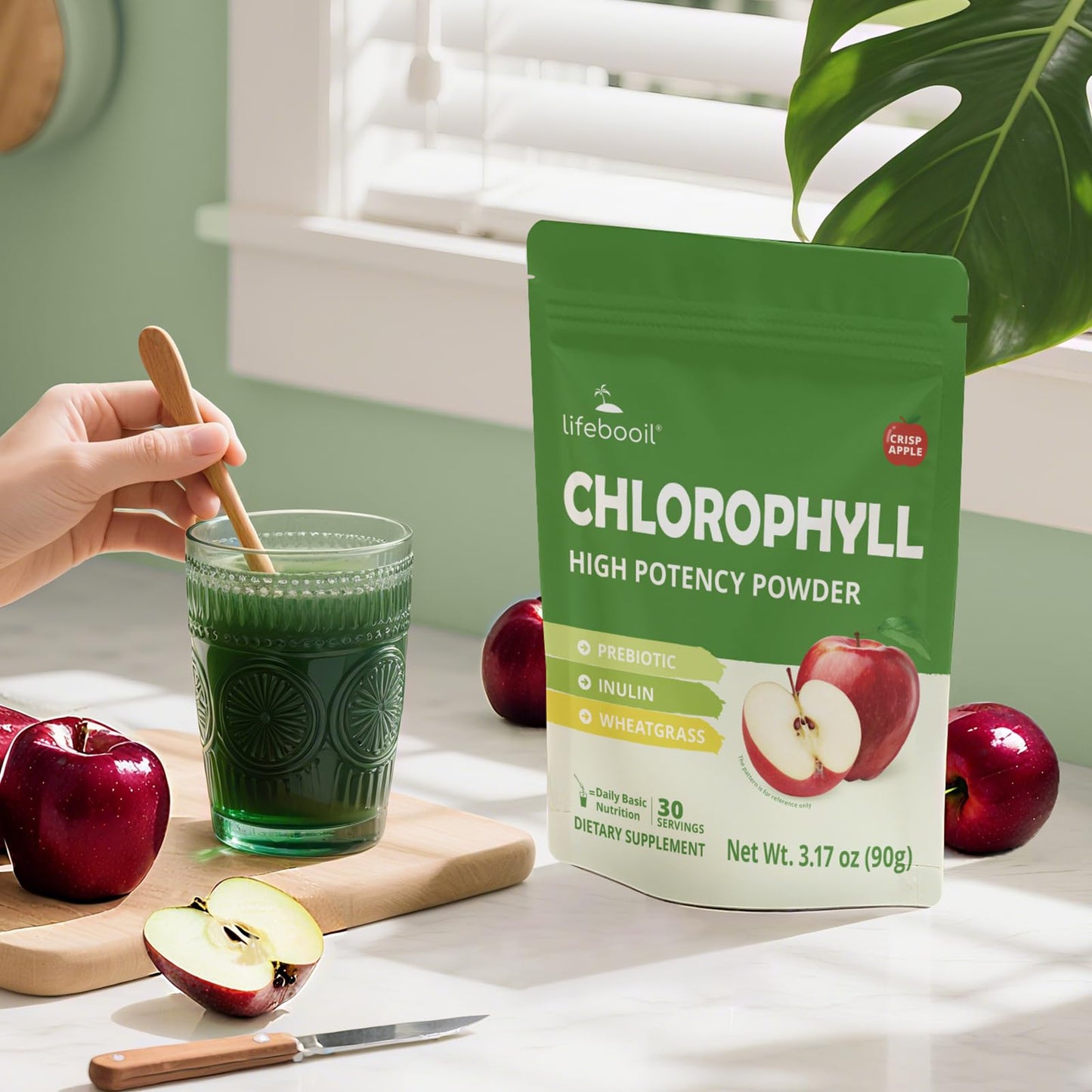 Lifebooil Chlorophyll Powder, 3.17 Ounce, 120mg Clorofila for Drinking – Supports Alkalization, Gut Health & Clean Energy – 30 Servings (Crisp Apple)