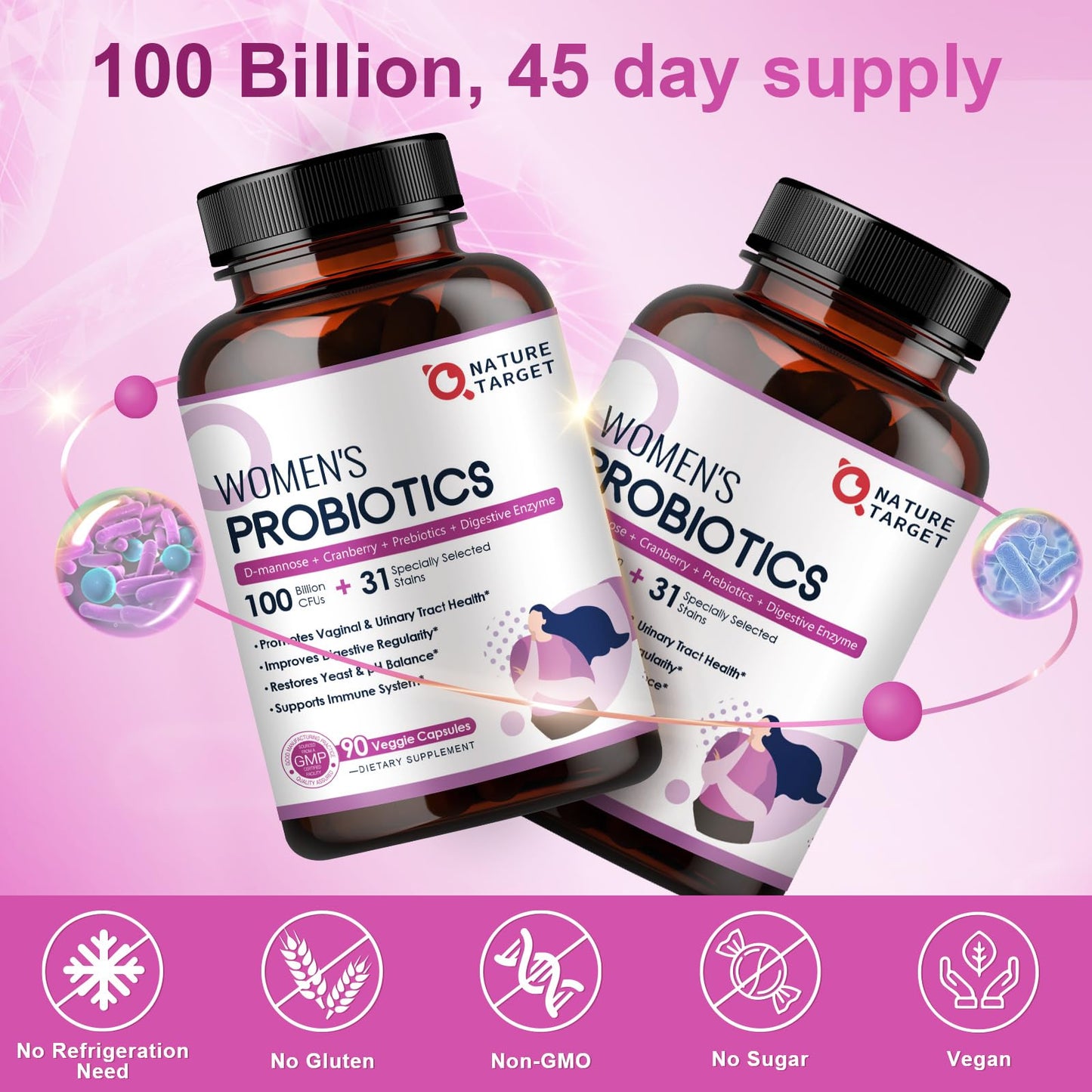NATURE TARGET Probiotics for Women 100 Billion CFUs Probiotic with Digestive Enzymes & Prebiotics Vaginal Probiotics with Cranberry for Urinary Tract Health pH Balance Capsules 90