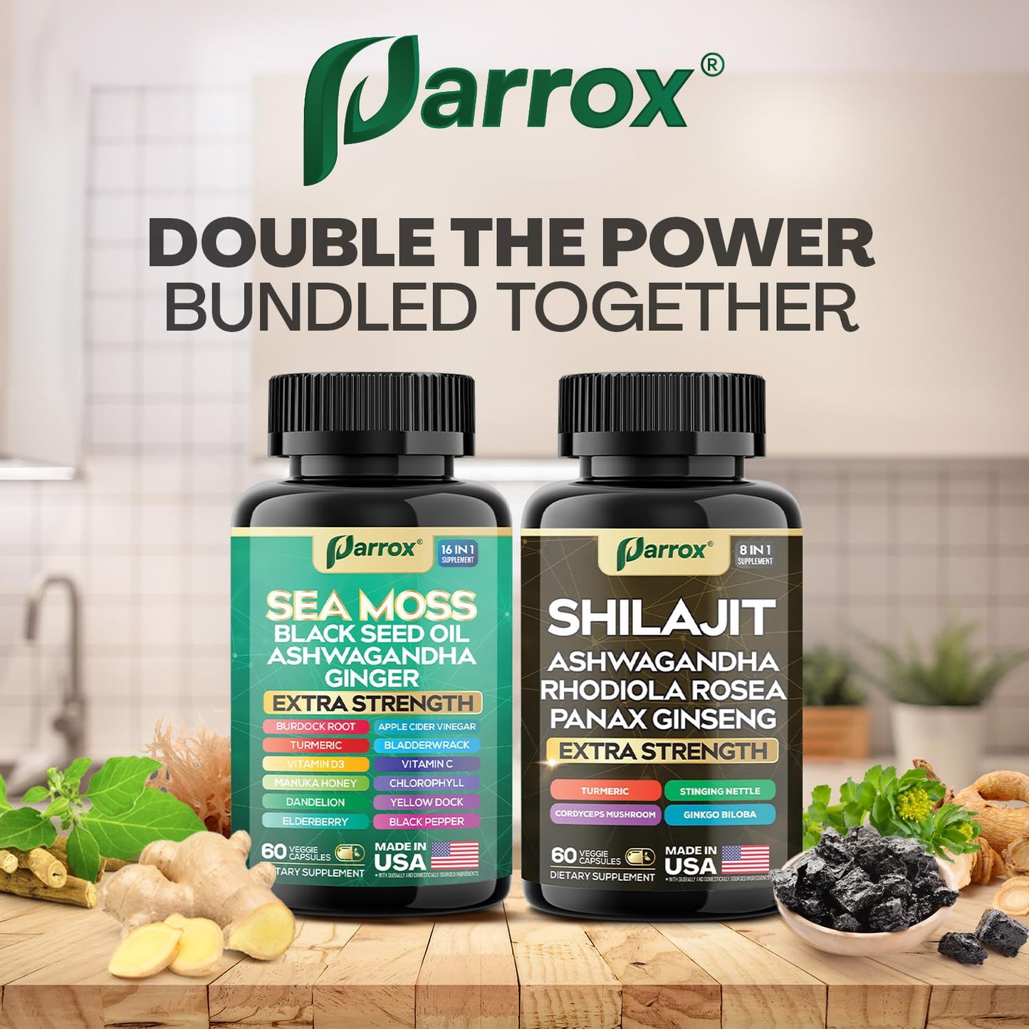 Parrox Shilajit & Sea Moss Bundle, Black Seed Oil & Ashwagandha, Dynamic Vitality Capsules 120