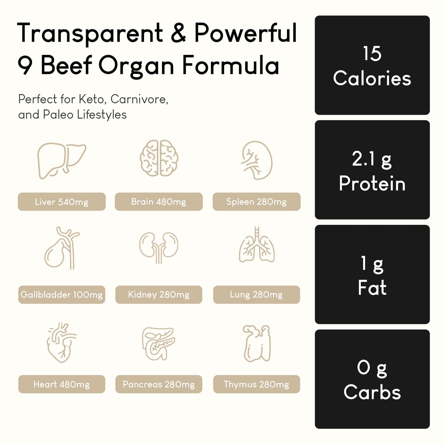 Optimal Carnivore Beef Organ Supplement 9-Organ Complex Capsules, 180 Count