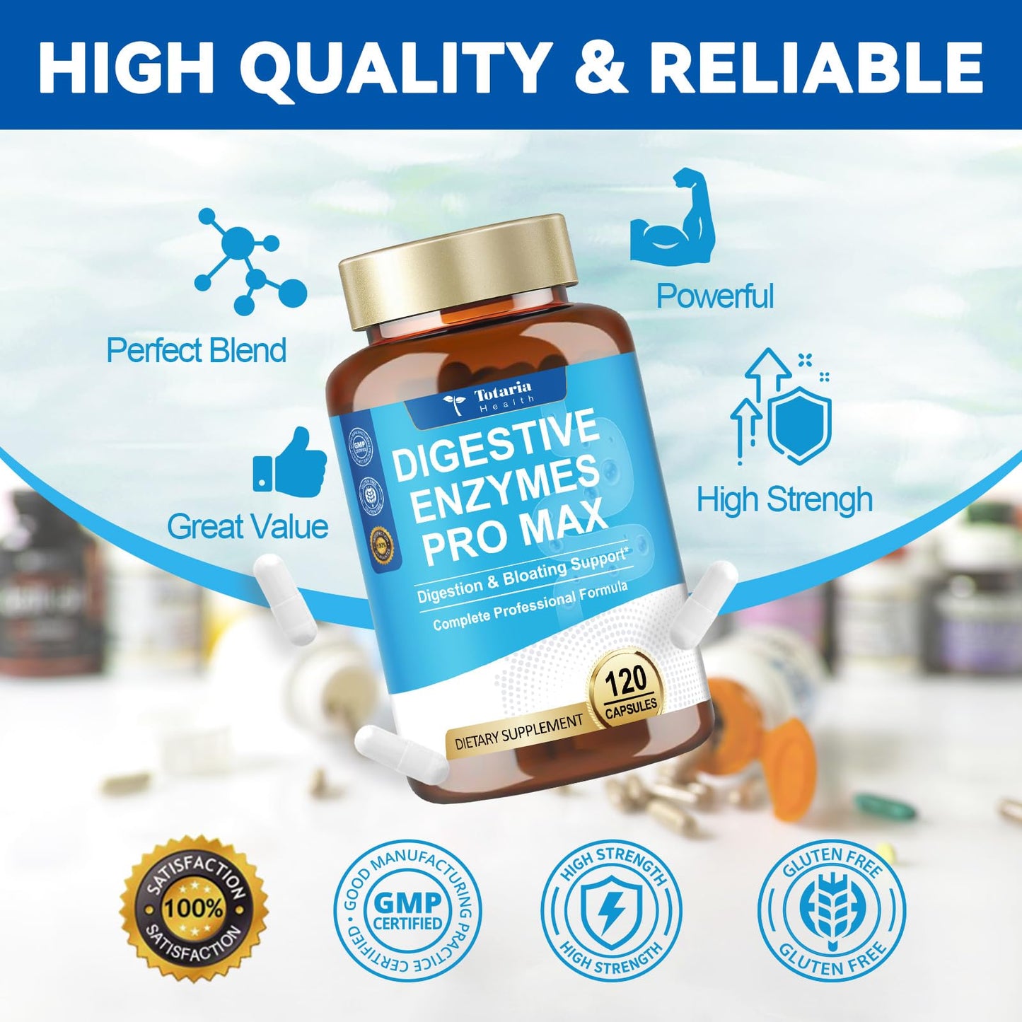Totaria Digestive Enzymes Pro Max 1000mg, 25-in-1 with Apple Cider Vinegar, Probiotics, Prebiotics, Postbiotics, Bromelain, Papain, Lactase, Gentian, Artichoke, Ginger for Digestion, Bloating & Gut, 120 Capsules