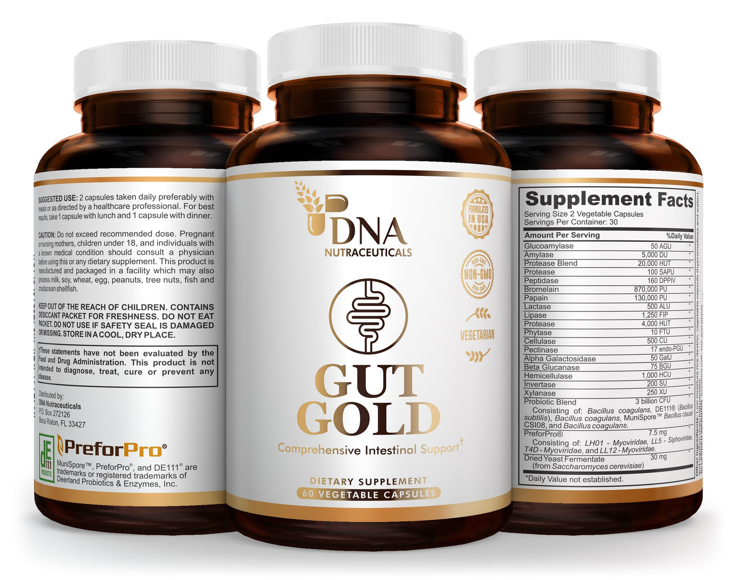 DNA Nutraceuticals GUT GOLD 5-in-1 Digestive Enzymes, Probiotics, PreForPro™, Prebiotics, Postbiotics, Yeast Fermentate & Immune Support - For Women's & Men's Gut Health - Non-GMO, Vegetarian Capsules, 60 Count