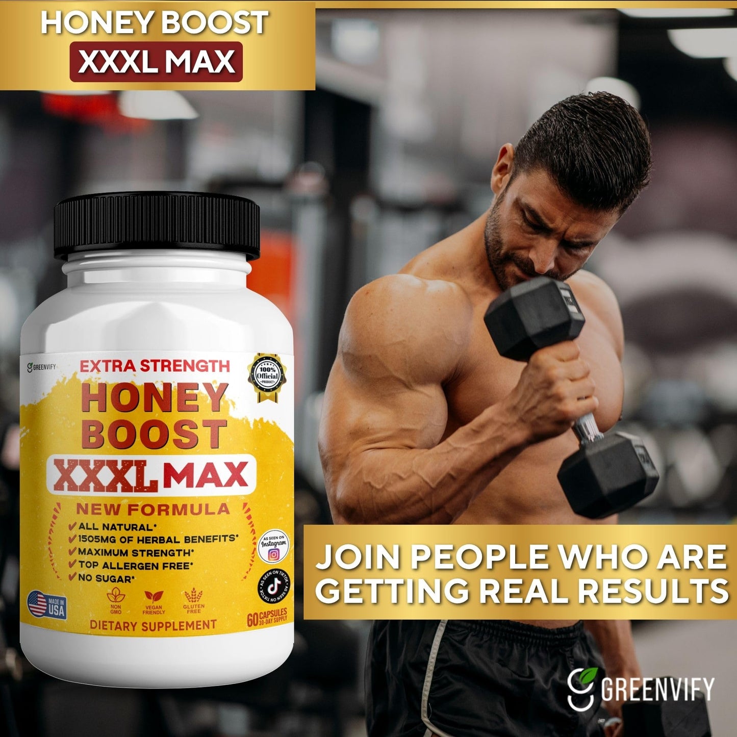 GREENVIFY Honey Boost XXXL Max Extra Strength Supplement, Organic Maca Root Complex, All Natural, 60 Capsules