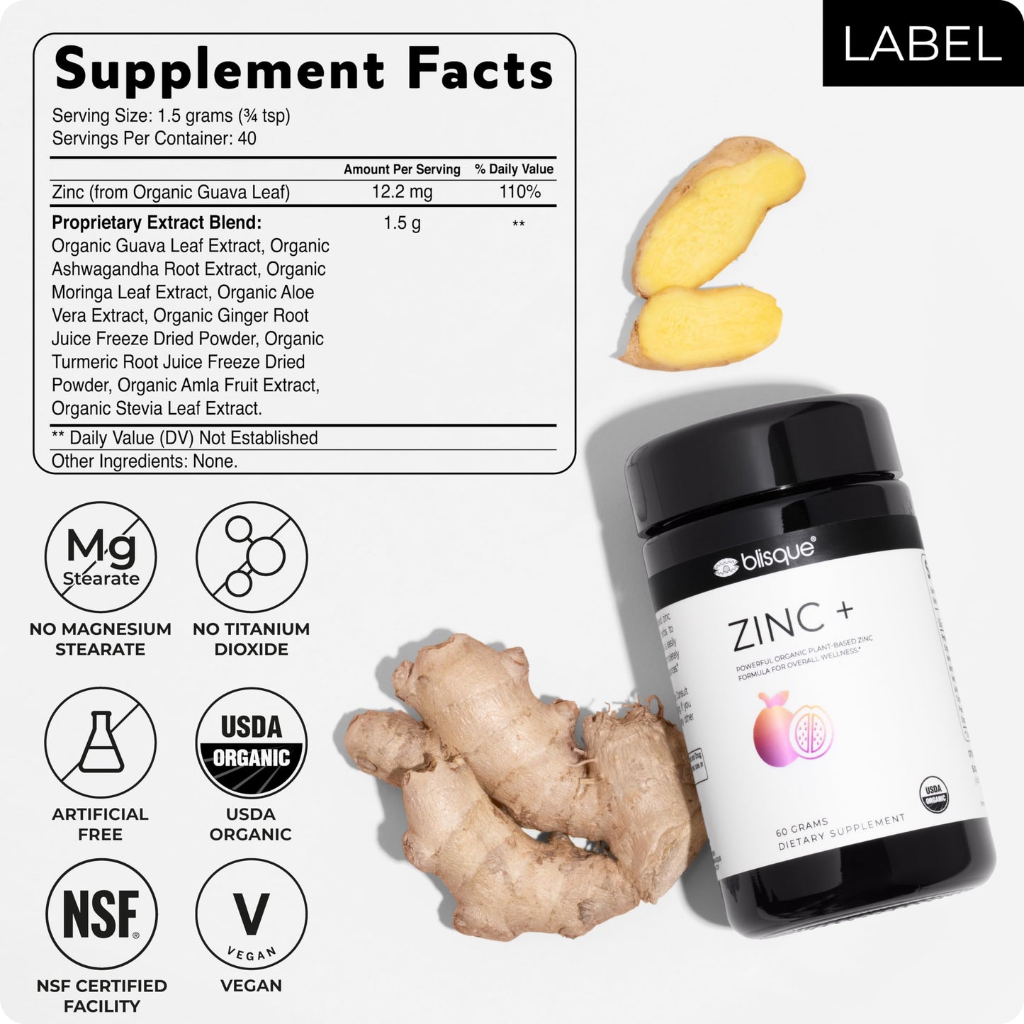 Blisque Organic Zinc Supplement Sourced from Guava Leaf Powder, 2.12 oz