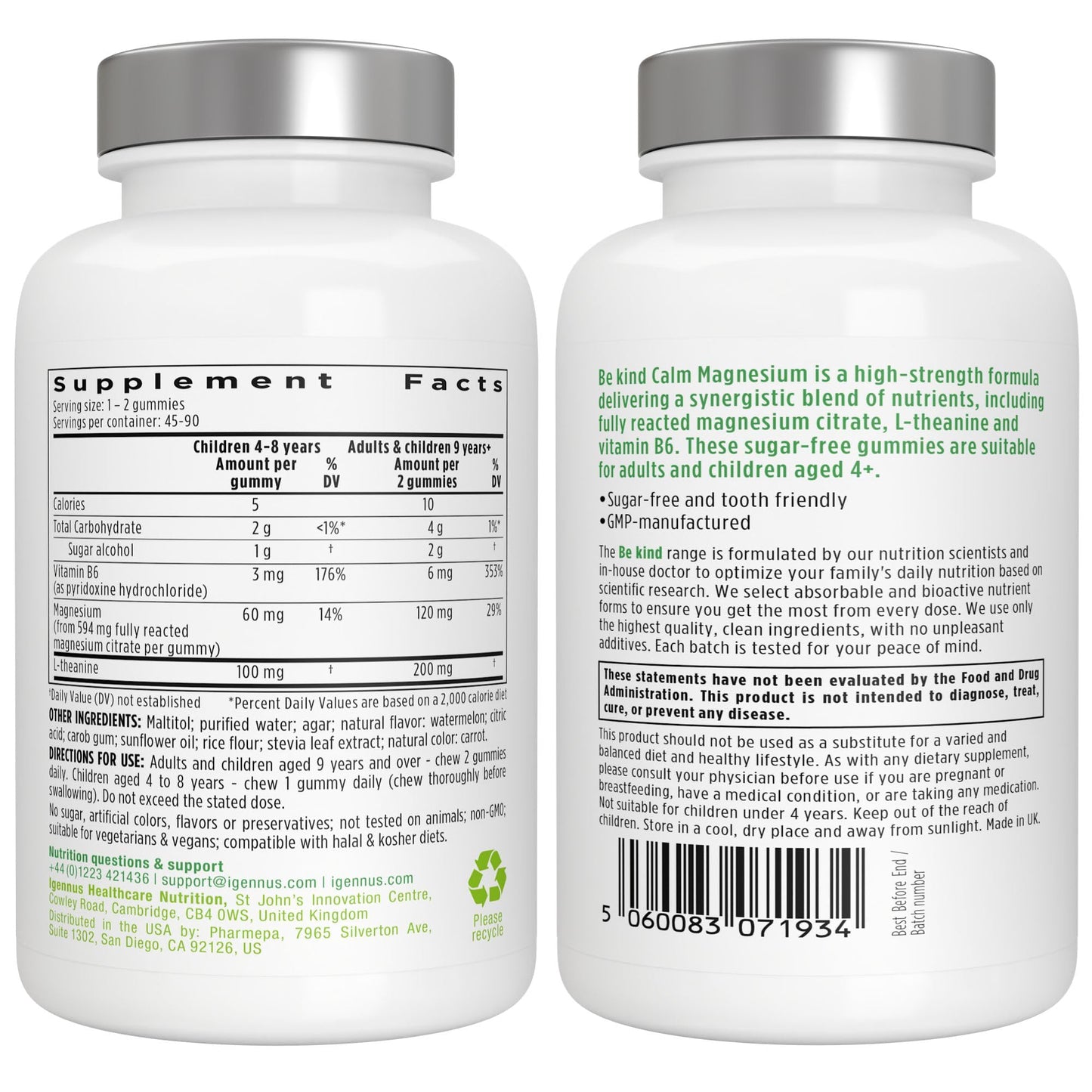 Igennus Healthcare Nutrition High Potency Calm Magnesium Gummies, 60mg Magnesium per Gummy, L-Theanine 100mg & Vitamin B6 3mg, Daily Stress Support for Kids & Adults, Sugar-Free, Watermelon Flavor, 90 Gummies