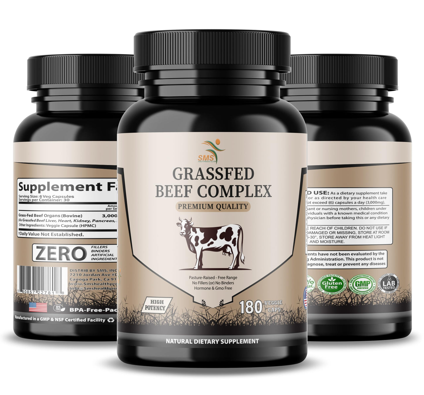SMSHEALTHPRODUCTS.com Beef Organ Supplement - Grass Fed & Pasture Raised Organ Complex, 3000mg Desiccated Beef Liver, Heart, Kidney, Pancreas, Spleen - 180 Capsules
