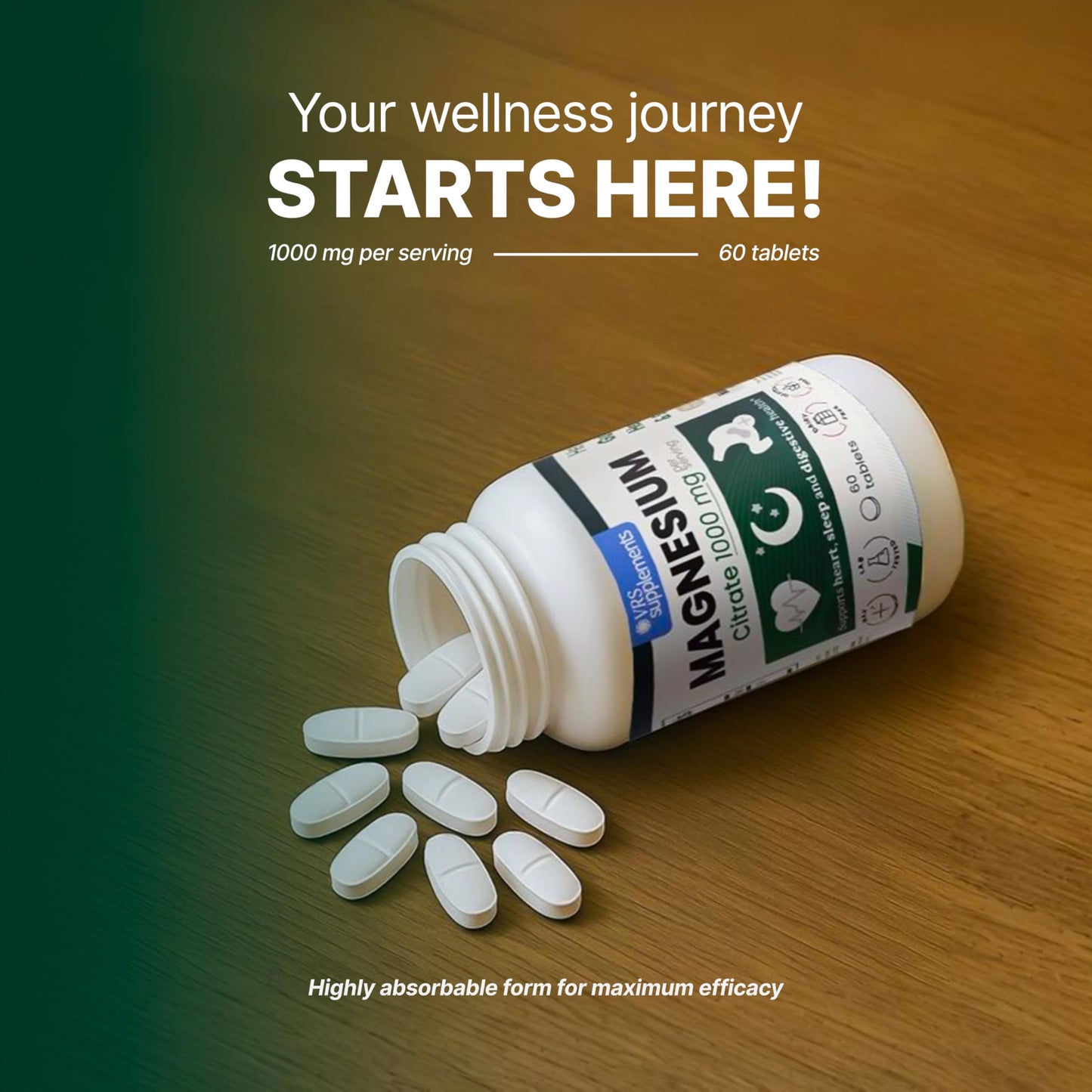 VRS SUPLEMENTS Magnesium Citrate 1000mg Tablets, 60 Tablets