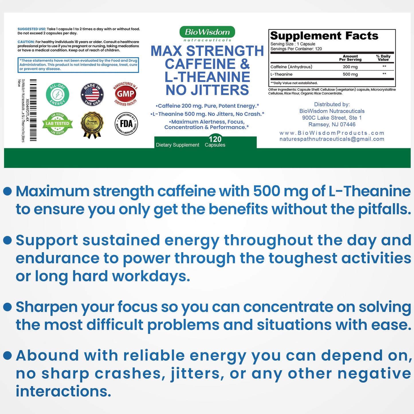 BioWisdom Nutraceuticals Max Strength Caffeine L-Theanine Capsules, 60 Count