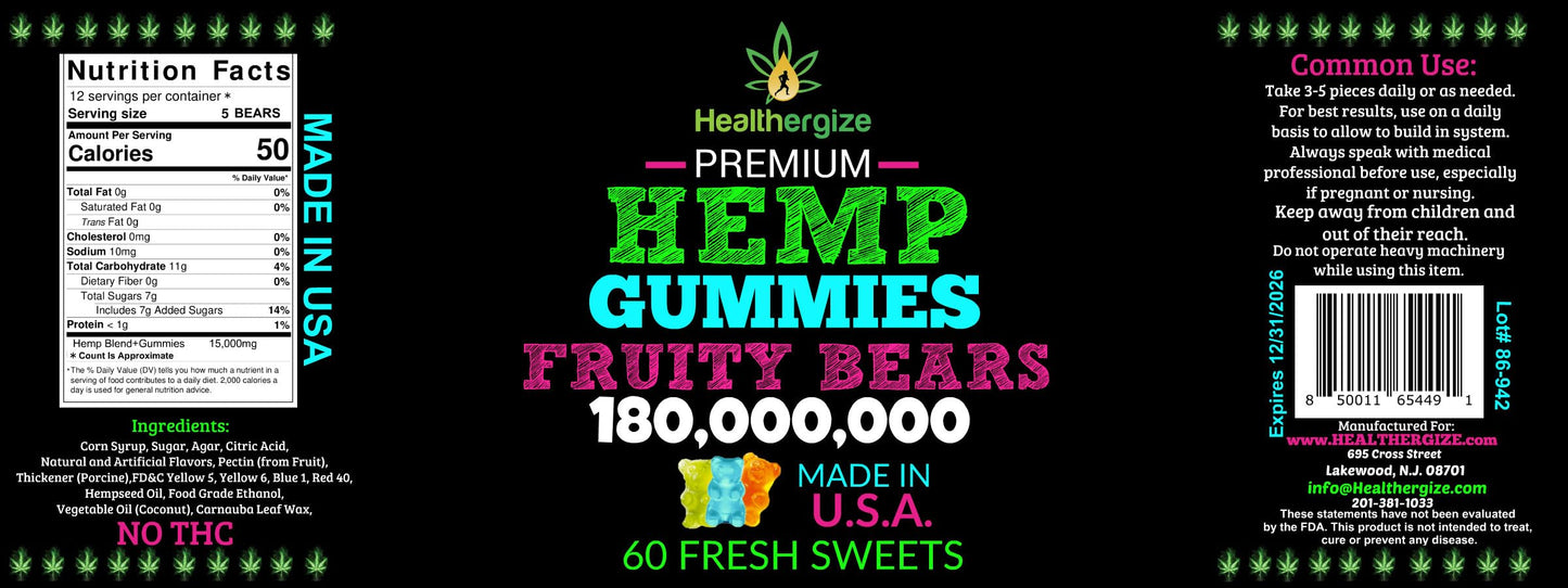 Healthergize Hemp Gummy Bears, 12 Gummies