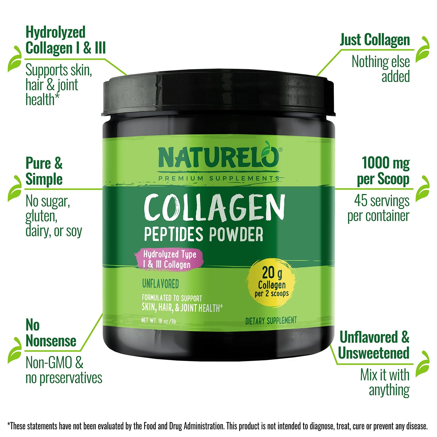 NATURELO Hair, Skin and Nails Multivitamin Collagen Peptide Powder, 60 Count