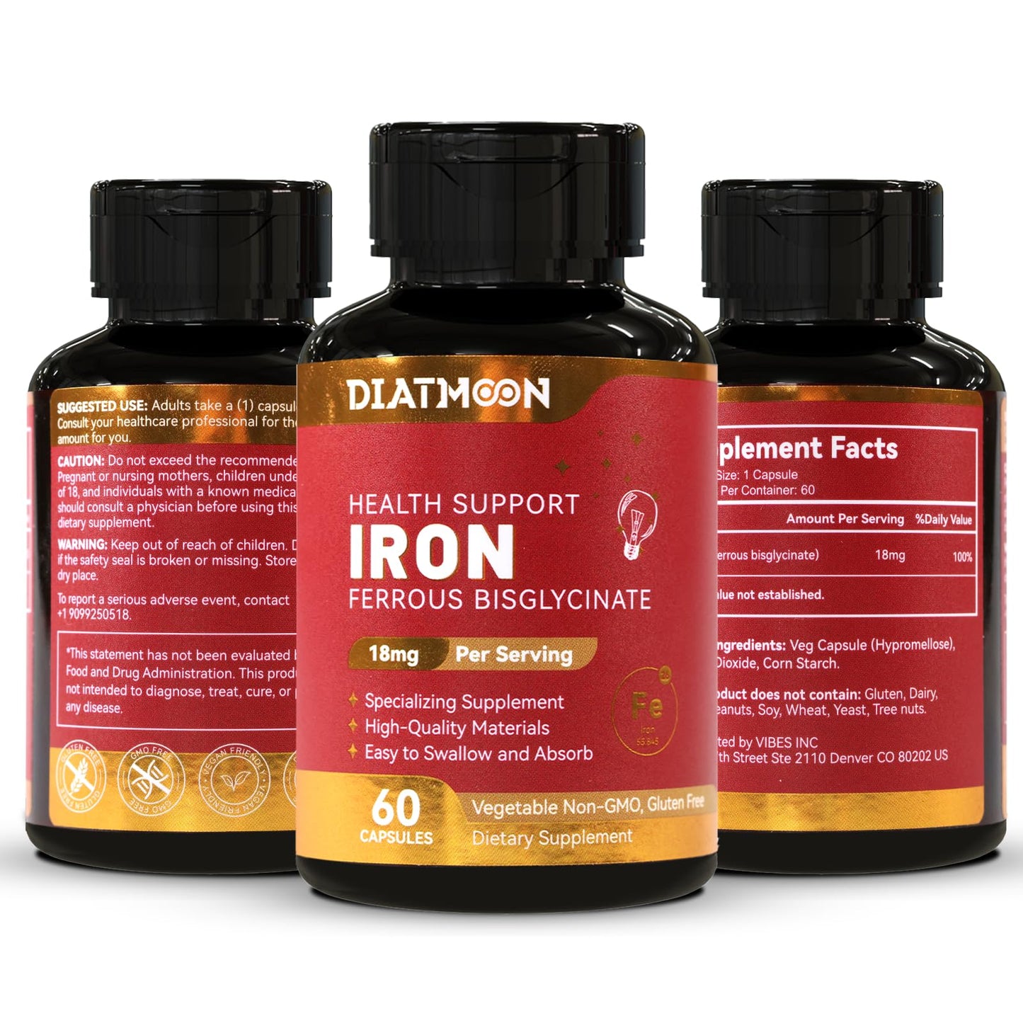 DIATMOON Iron Bisglycinate Capsules, 120 Capsules