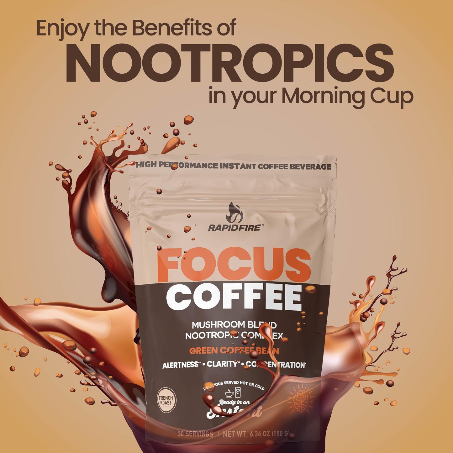 Rapid Fire Focus Coffee Mushroom Blend Nootropic Complex Coffee Powder 6.34 Ounce