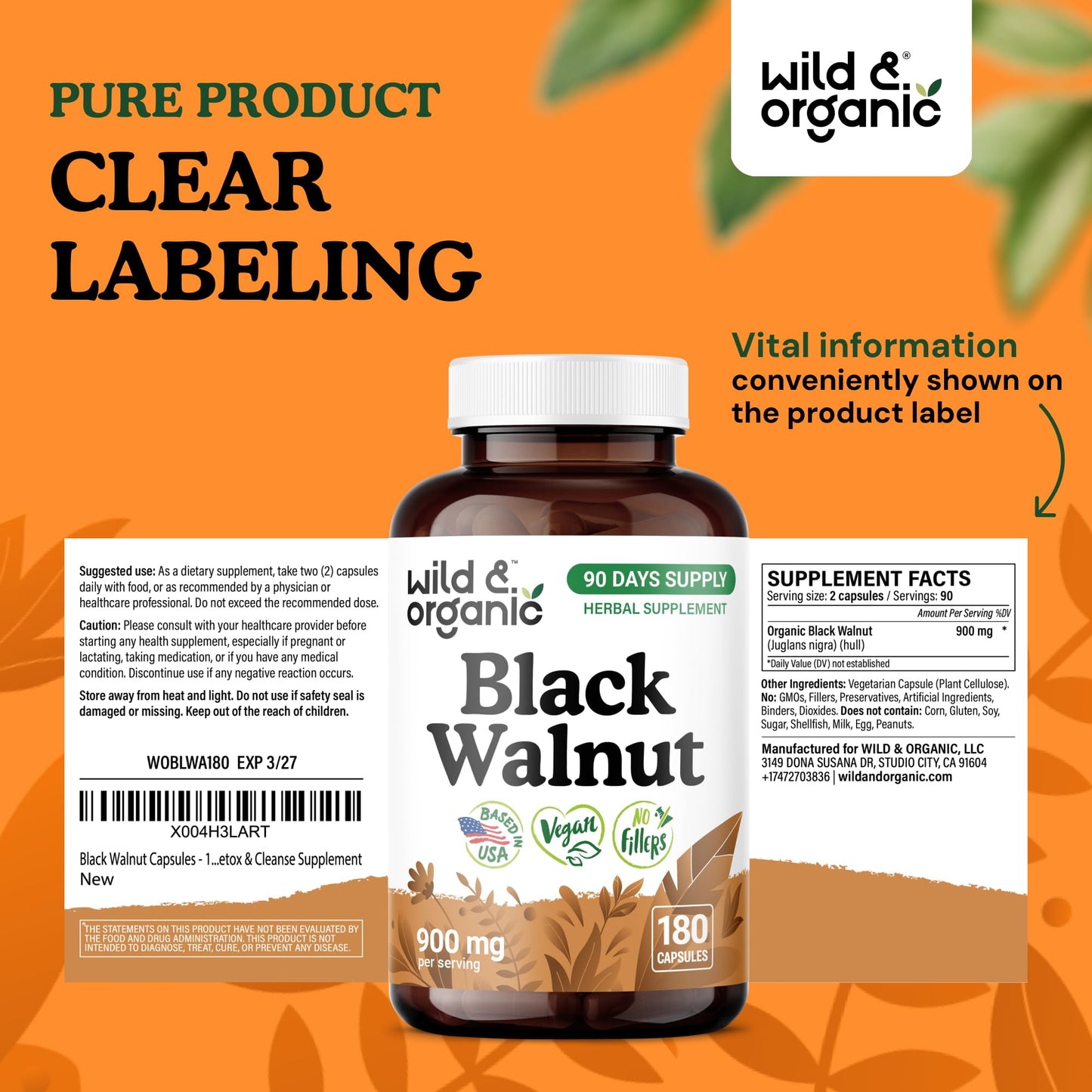 Wild & Organic Black Walnut Hull 900 mg, 180 Capsules