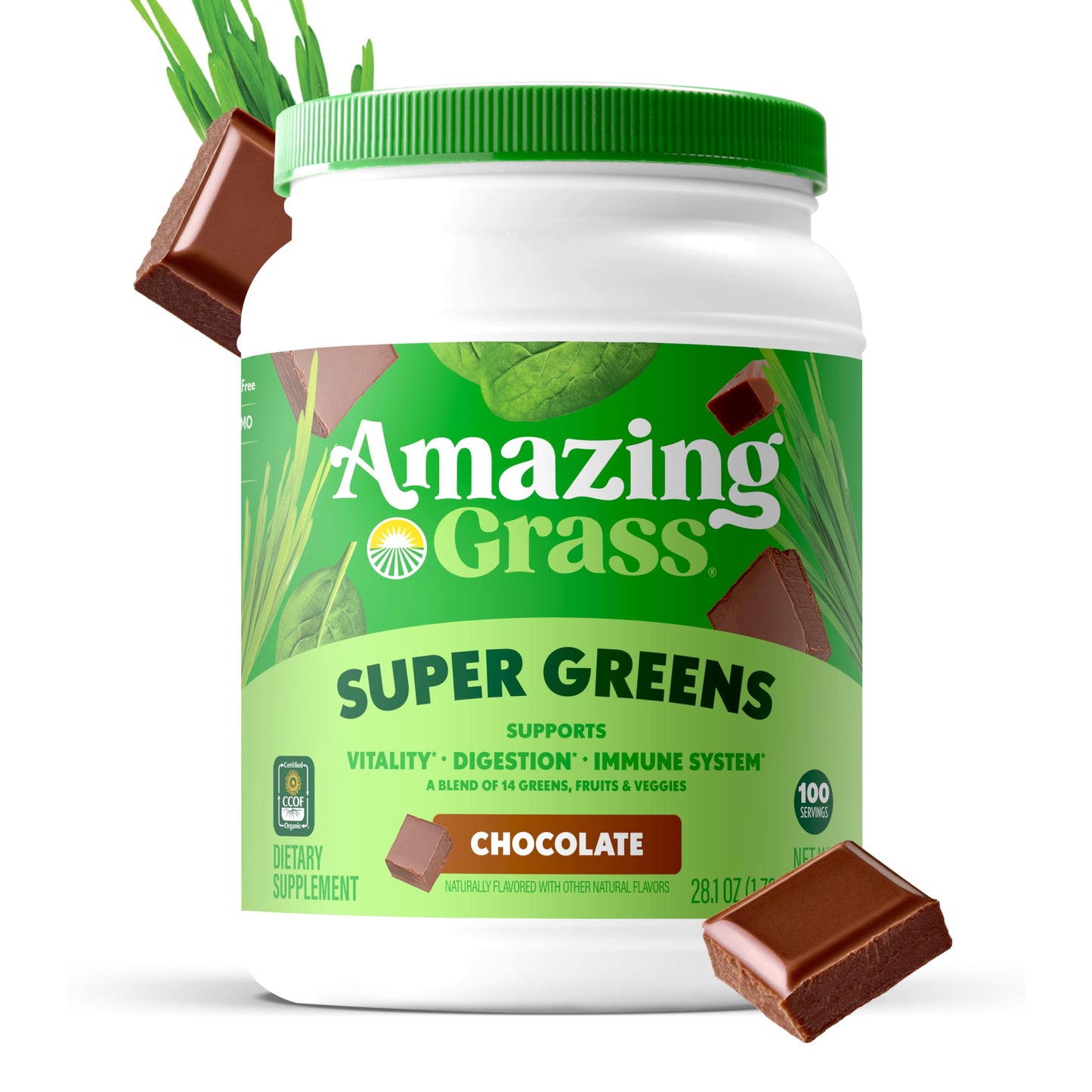 Amazing Grass Greens Blend Superfood: Super Greens Powder Smoothie Mix with Organic Spirulina, Beet Root Powder, Chlorella, Prebiotics & Probiotics, Chocolate, 28.1 oz