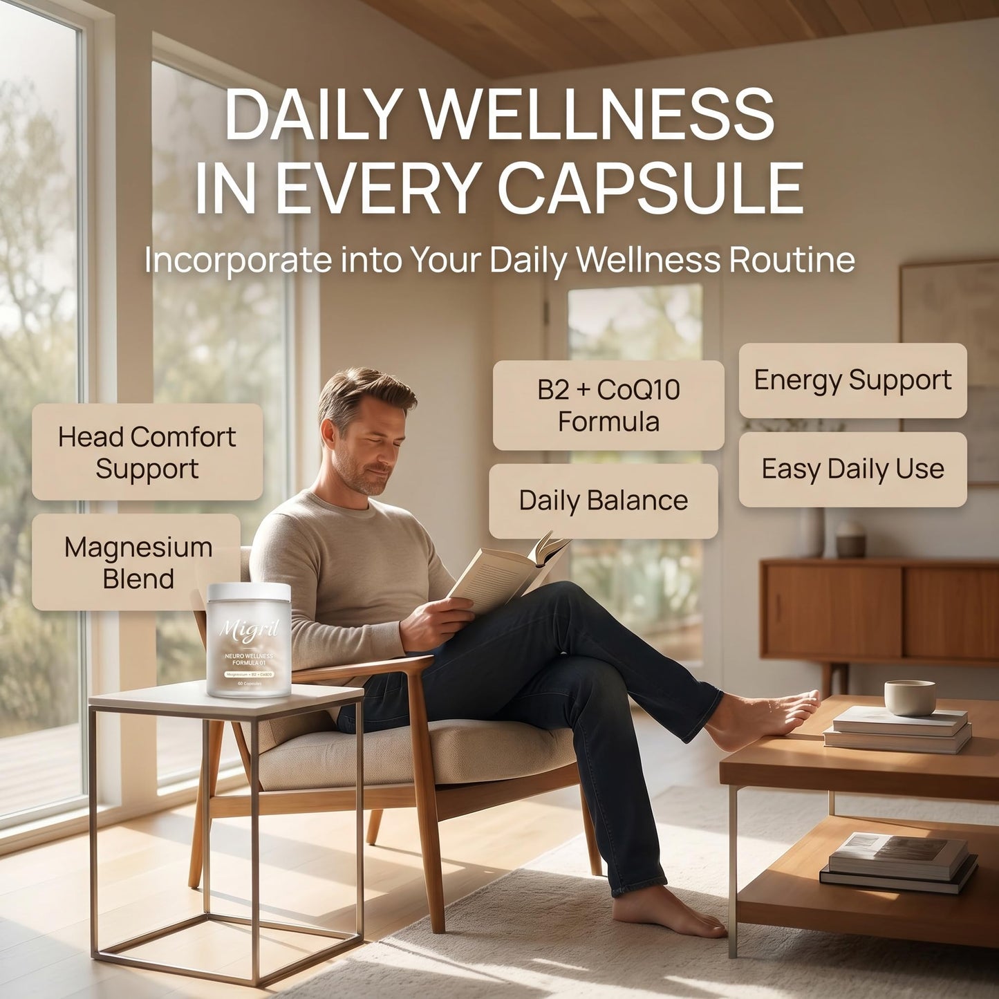 EVERVISION Migril Magnesium with Riboflavin B2 & CoQ10 Daily Head Comfort & Wellness Support for Adults Magnesium Supplement Formula Capsule 60 Count