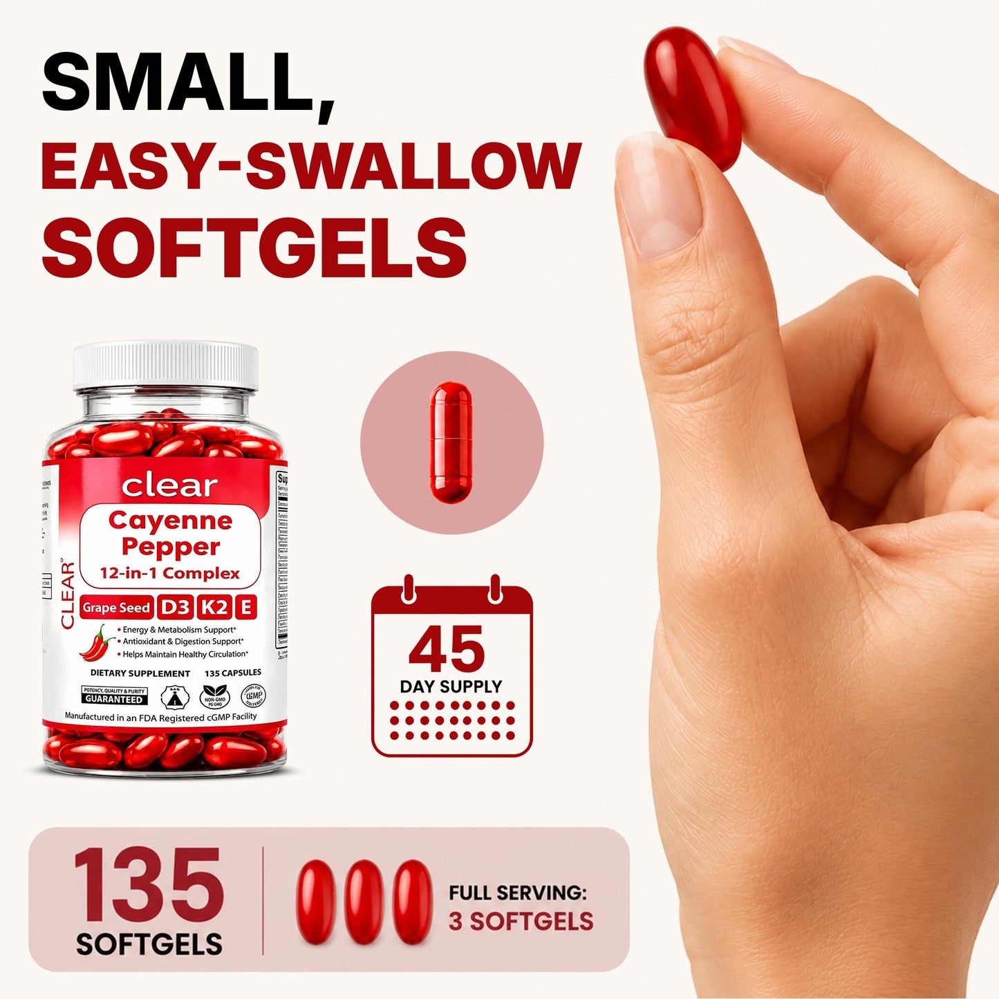 Clear Probiotics Cayenne Pepper Softgels 300mg Capsaicin D3 K2 E Blood Flow Support, 135 Count