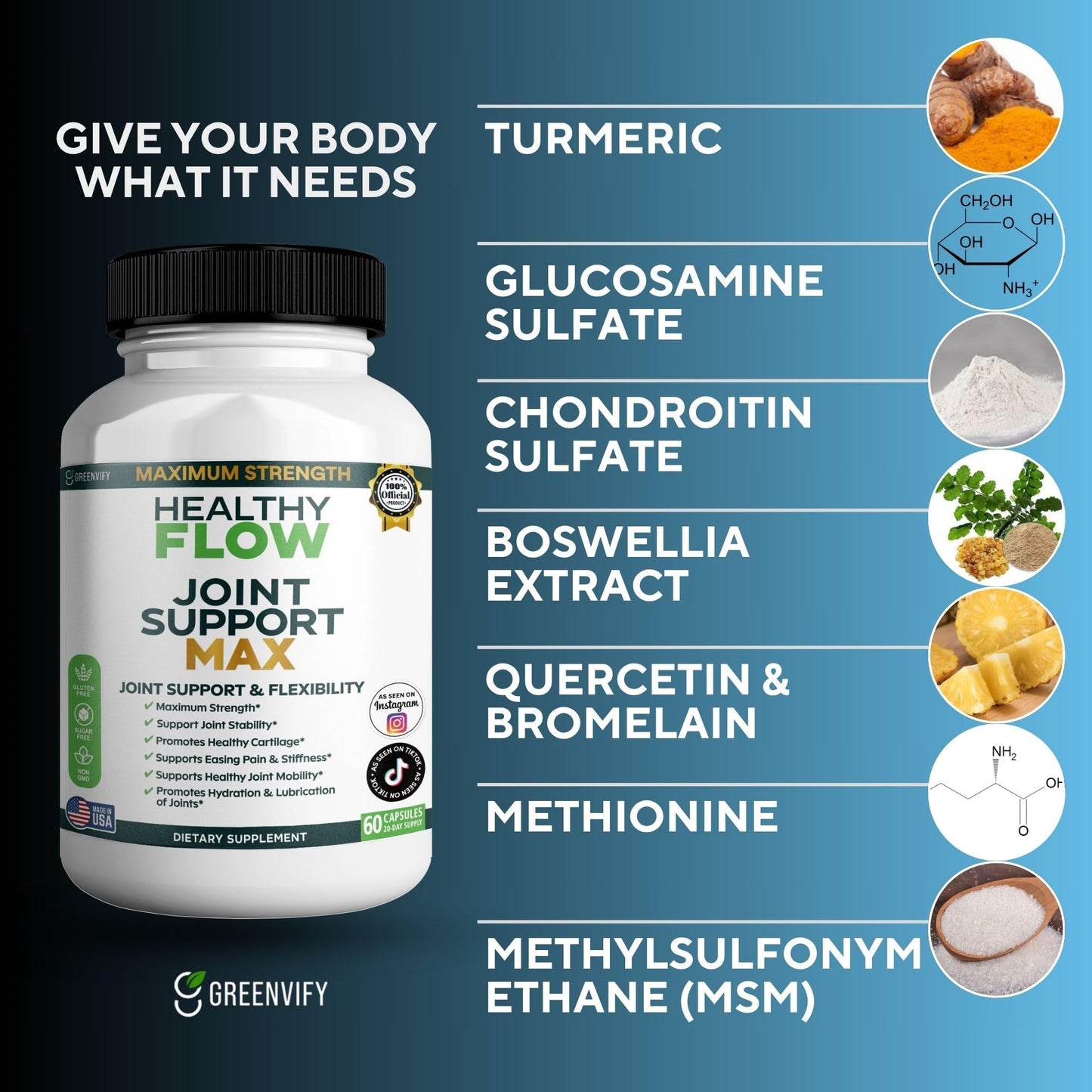 GREENVIFY Healthy Flow Joint Support Max, 1500mg Glucosamine, 120 Capsules