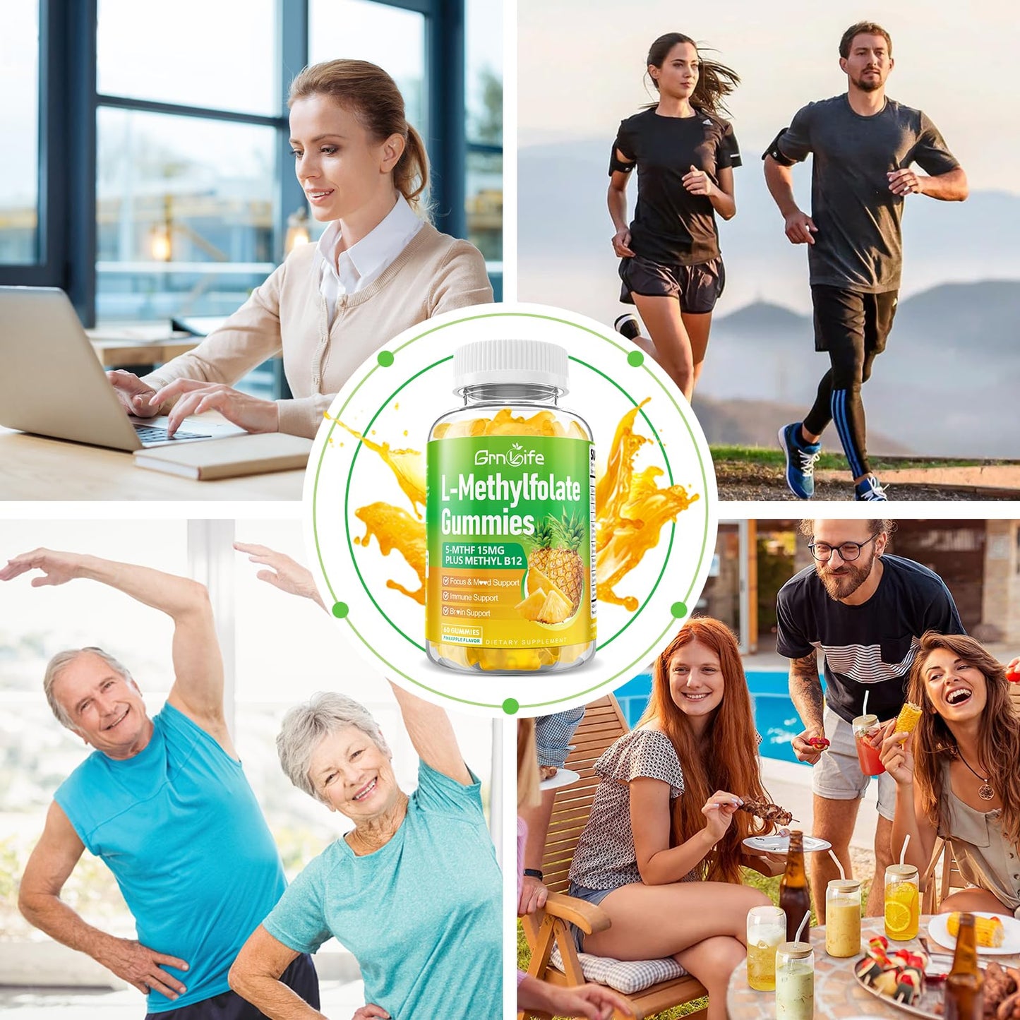 GrnLife L-Methylfolate 15 mg Gummies with Methyl B12, Methylated B1, B2, B6, Active 5-MTHF & High Absorption - Supports Brain Health & Immune System, Pineapple Flavor, 60 Count