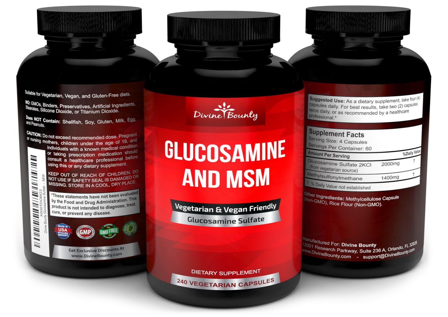 Divine Bounty Glucosamine Sulfate Supplement with MSM Capsules 240 Count