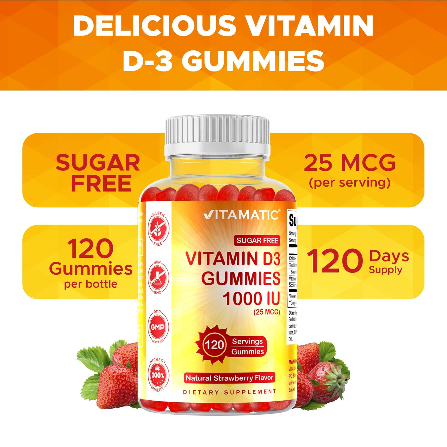 Vitamatic Vitamin D3 Sugar Free Pectin-Based Gummies, 240 Count