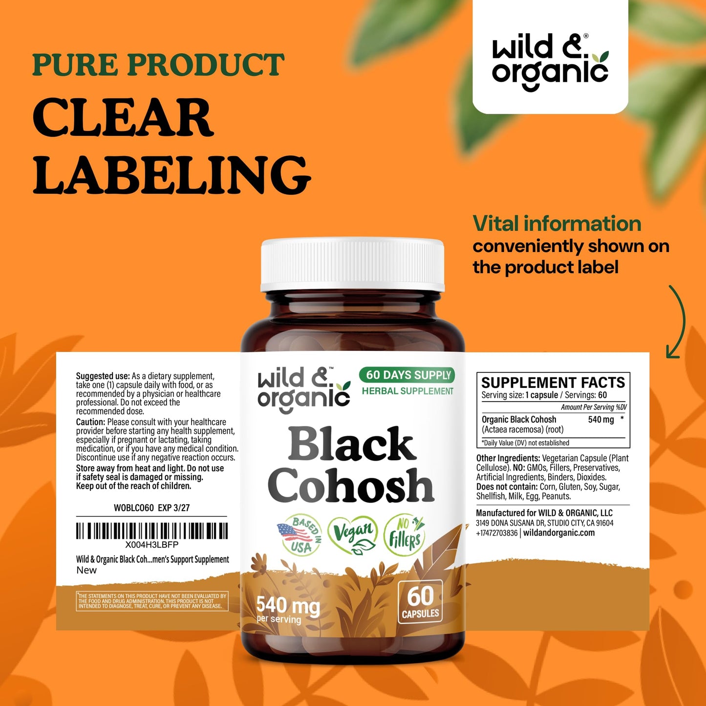 Wild & Organic Black Cohosh Capsules 540 mg, 60 Count