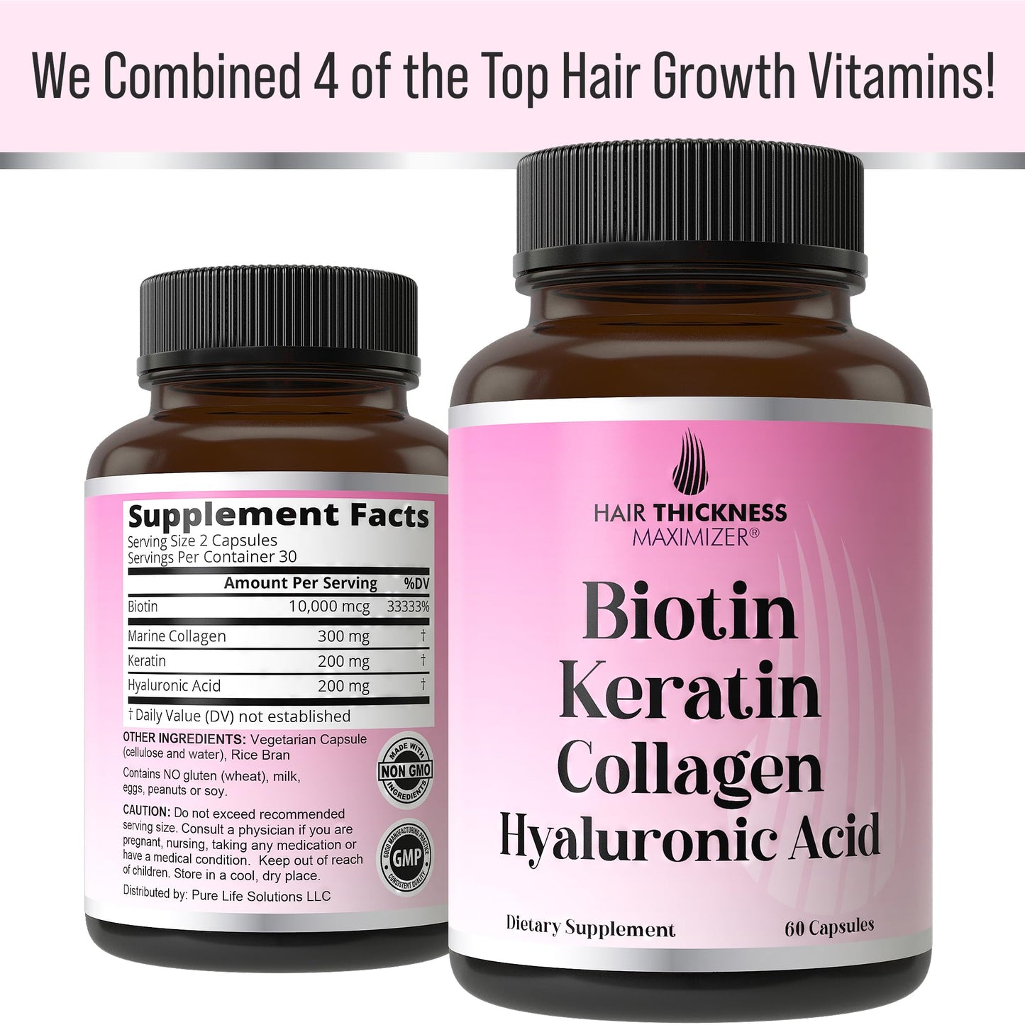 Hair Thickness Maximizer Biotin + Keratin + Marine Collagen + Hyaluronic Acid 4-in-1 Hair Growth Vitamins Capsules, 60 Count