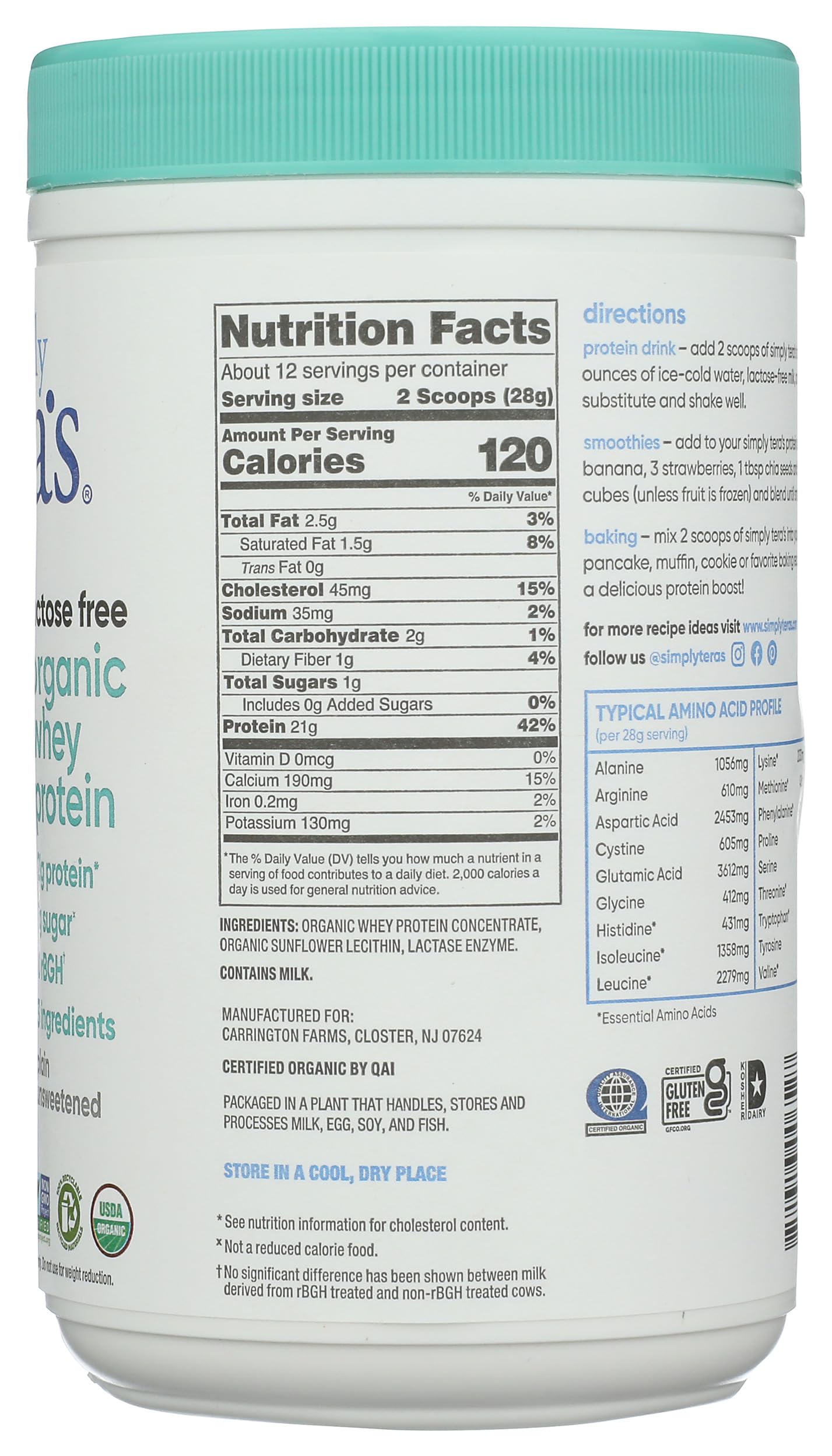 Simply Tera's Whey Protein Powder Plain Lactose Free Organic, 12 Ounce