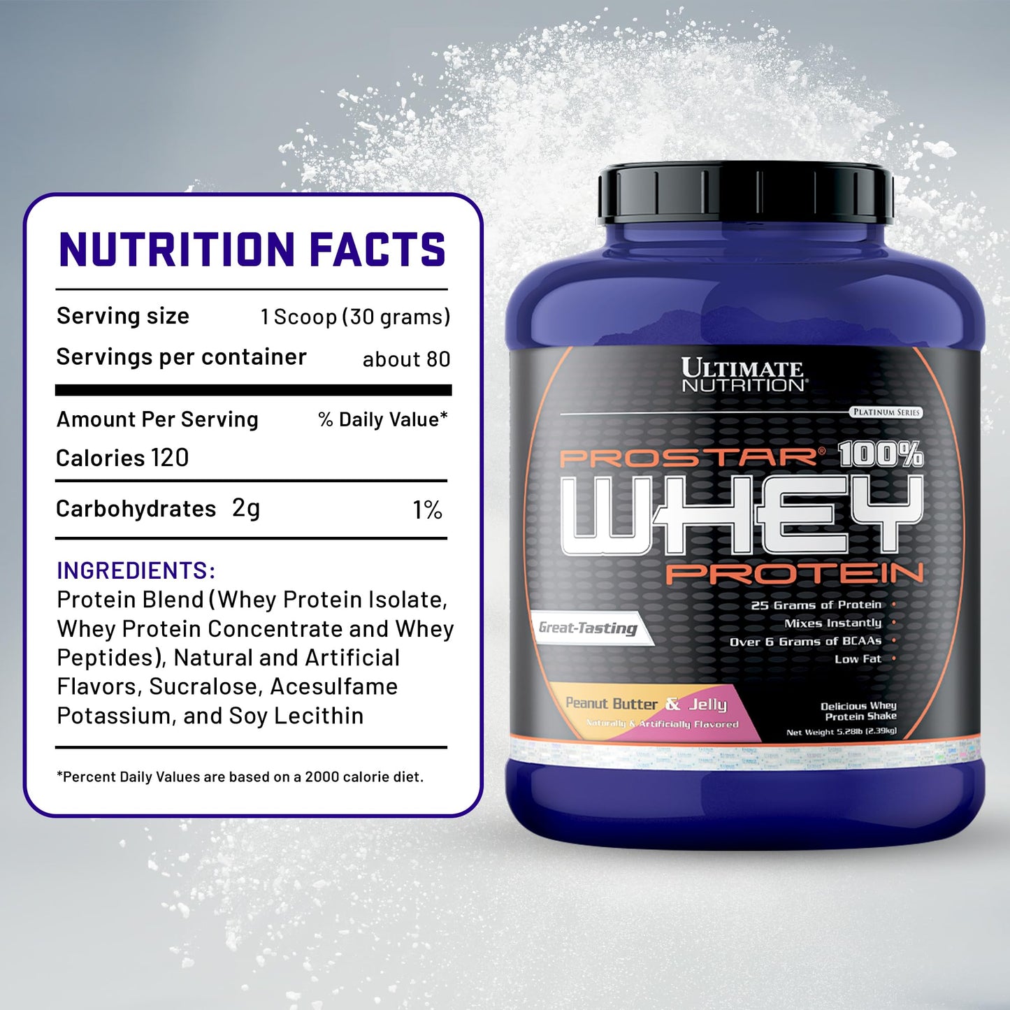 Ultimate Nutrition Prostar Whey Protein Isolate PB&J Powder, 5.28 lb, 84.48 oz
