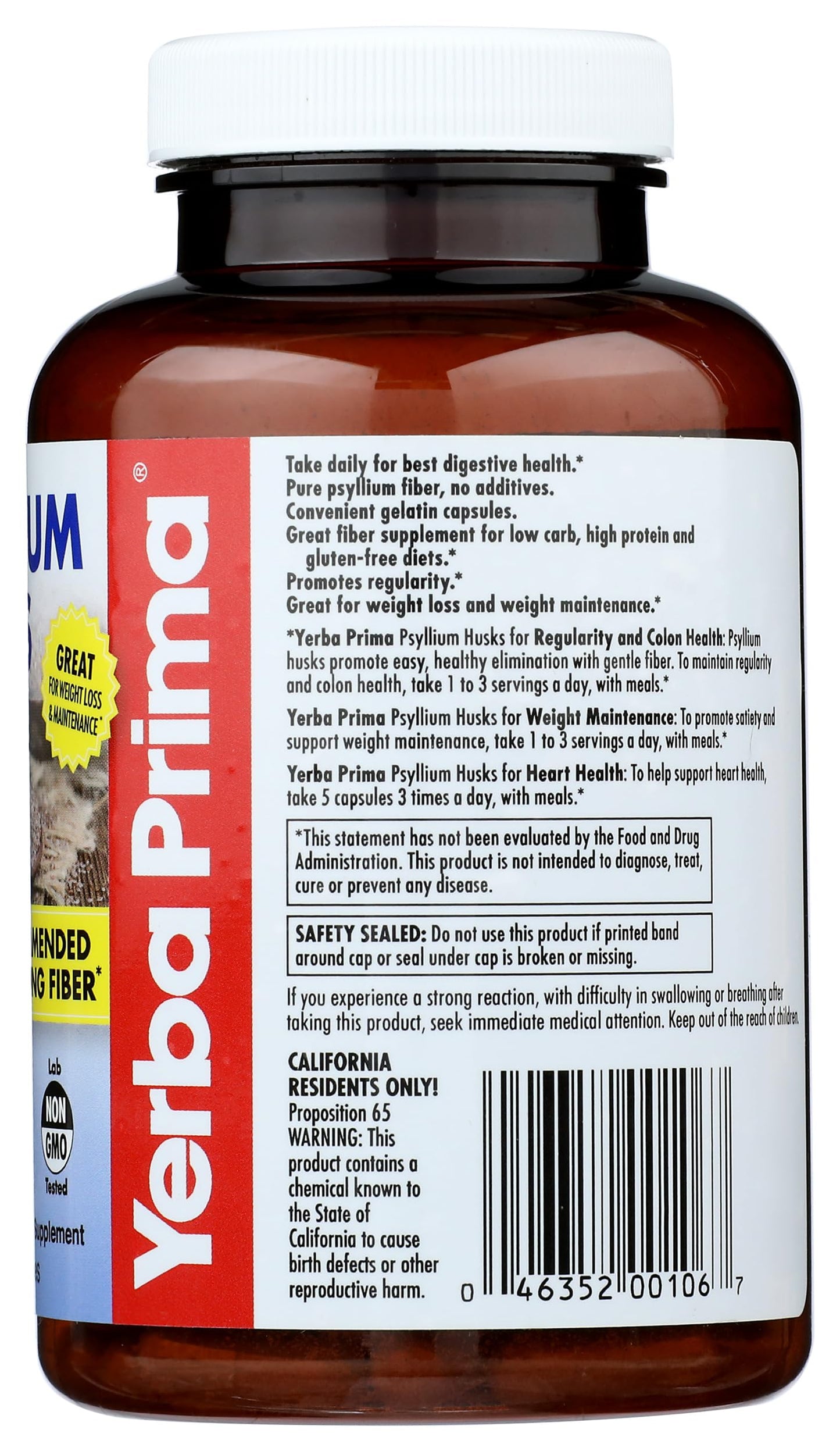 Yerba Prima Psyllium Husks Supplement Capsules, 180 Capsules