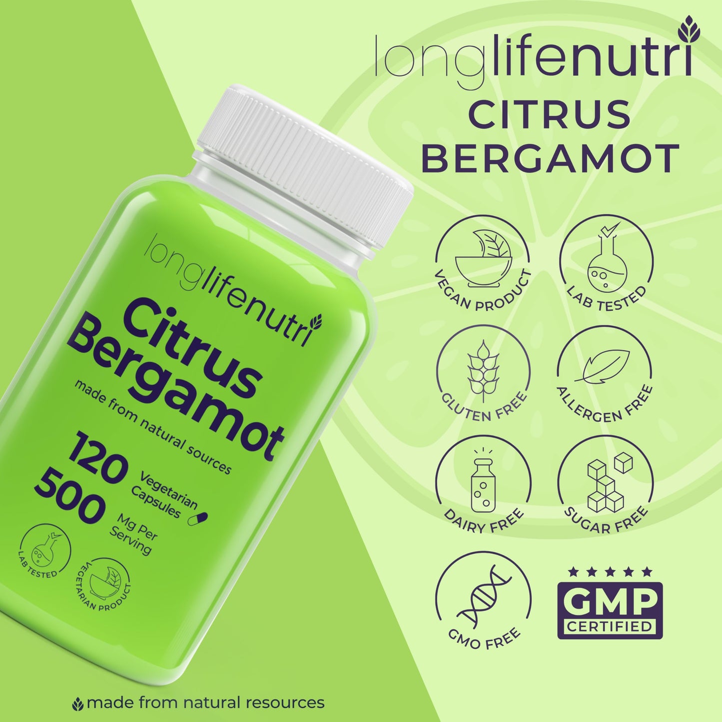 LongLifeNutri Citrus Bergamot Extract 500mg Capsules, 120 Count