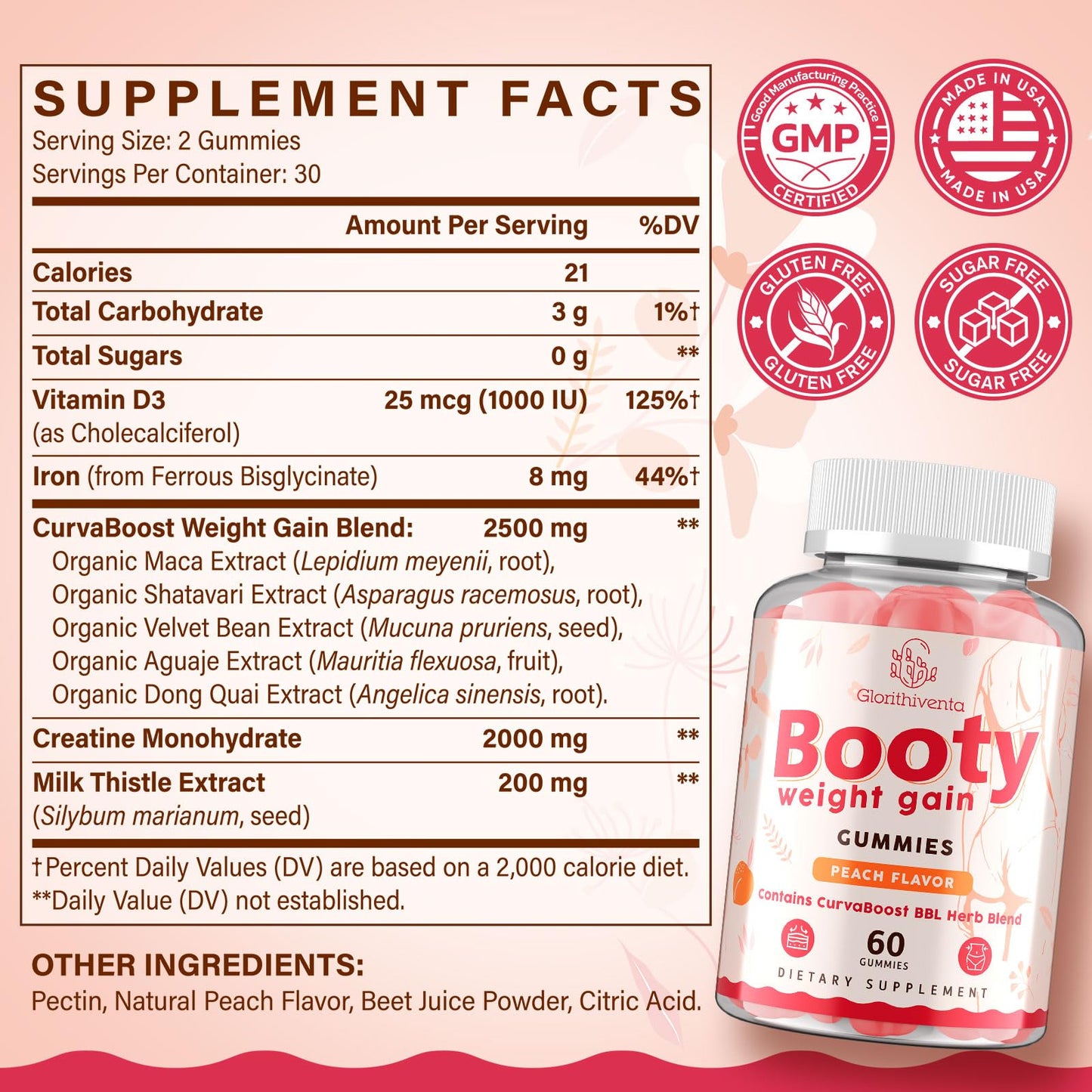 Glorithiventa Booty Gummies for Women with CurvaBoost BBL Herb Blend & Creatine Monohydrate, Peach Flavor, 120 Counts